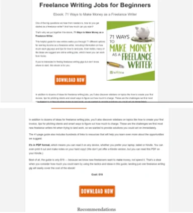 Landing page for the ebook "71 Ways to Make Money as a Freelance Writer," priced $19, with DOWNLOAD NOW buttons