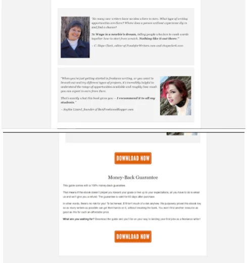 Landing page for '79 Ways' with two testimonials and a 60-day money-back guarantee above DOWNLOAD NOW buttons