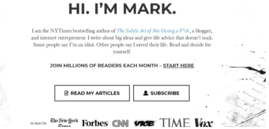 Mark Manson's homepage with bestseller bio, "Read My Articles"/"Subscribe" buttons, and As Seen On media logos