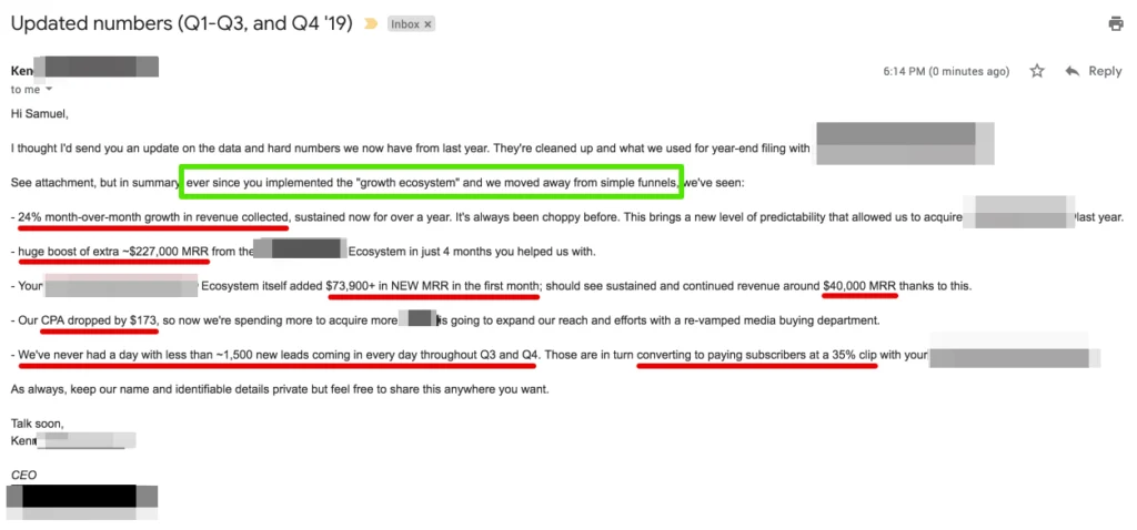 Email from Ken to Samuel highlighting 24% MoM revenue growth, $227,000 extra MRR, and 1,500 daily leads at 35% conversion