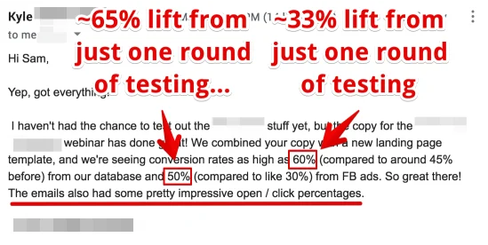 Email from Kyle showing webinar conversion up to 60% and 50%, annotated as ~65% and ~33% lifts from one test