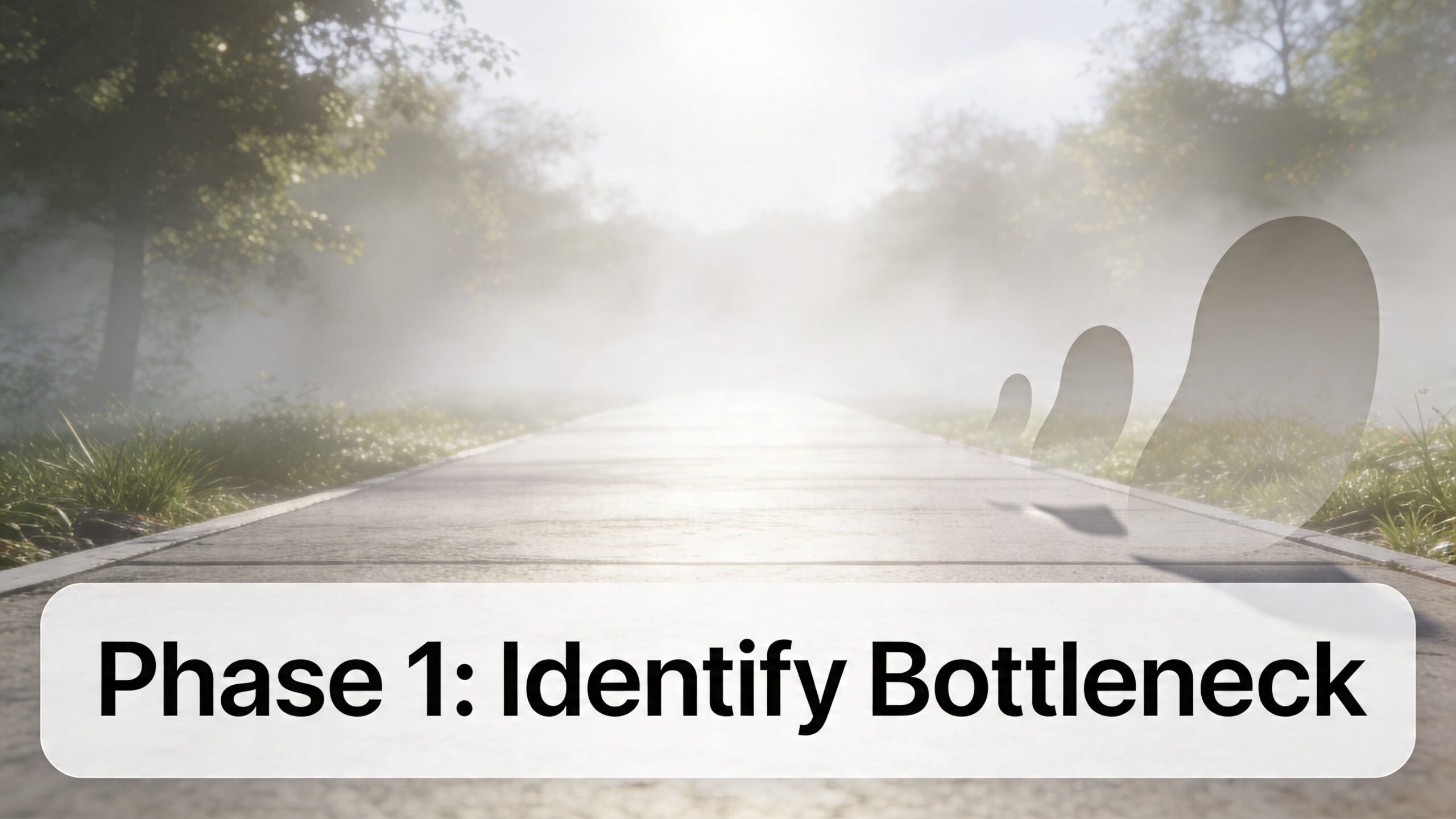 A scenic path leads into a misty forest with text overlay reading Phase 1: Identify Bottleneck.