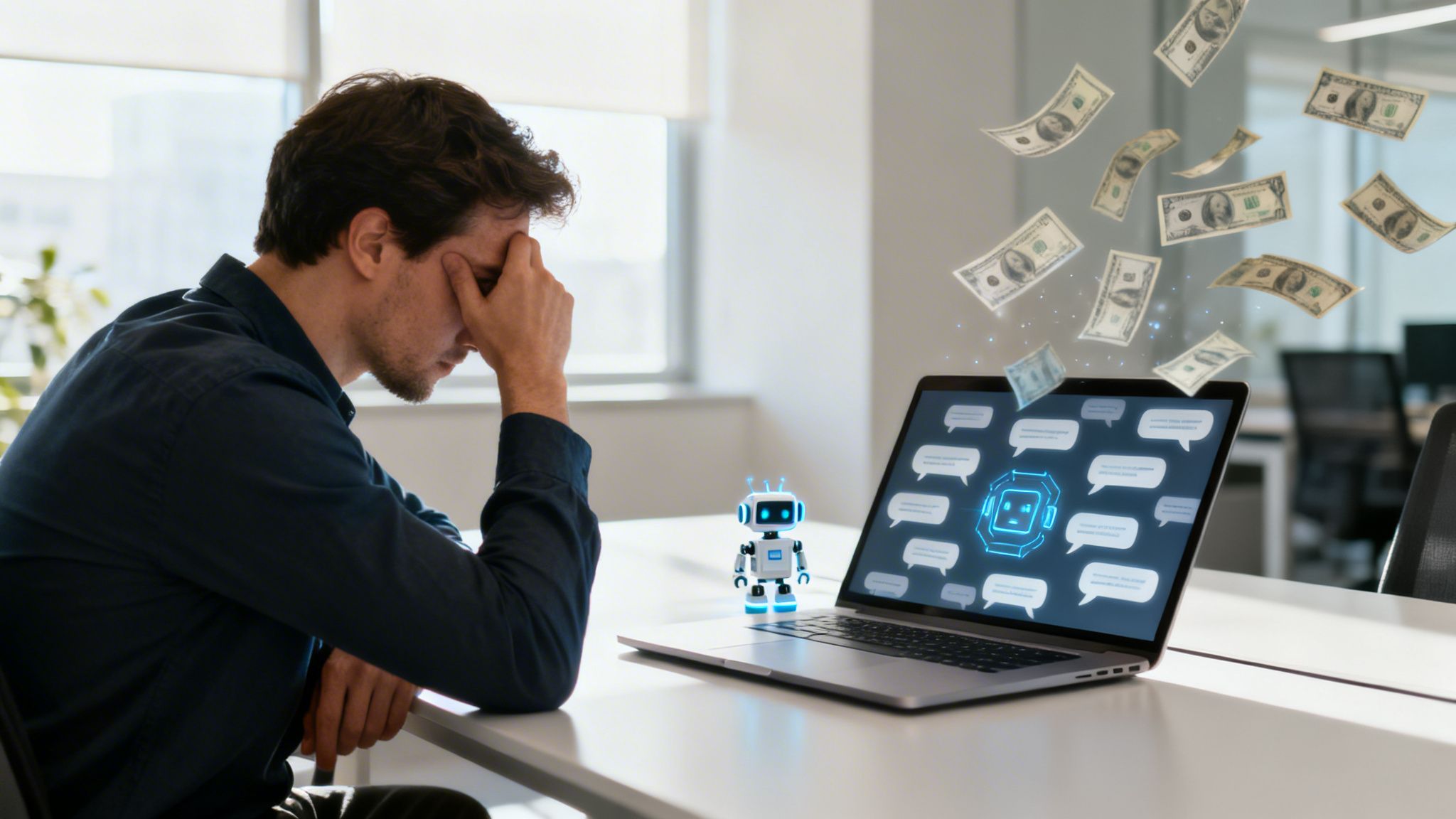 A stressed man looks at a laptop with AI chatbot generating money in an office.