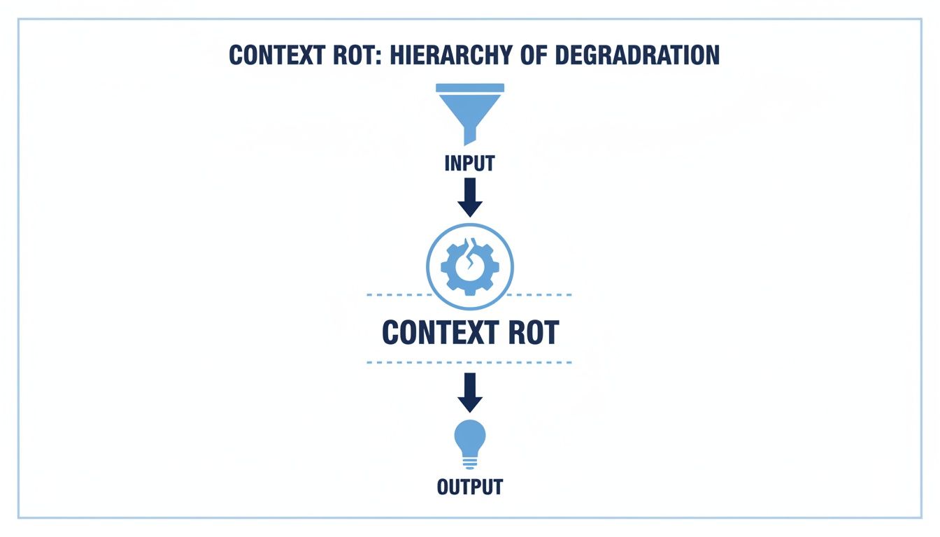 Diagram illustrating context rot: input flows through a broken gear, leading to degraded output.