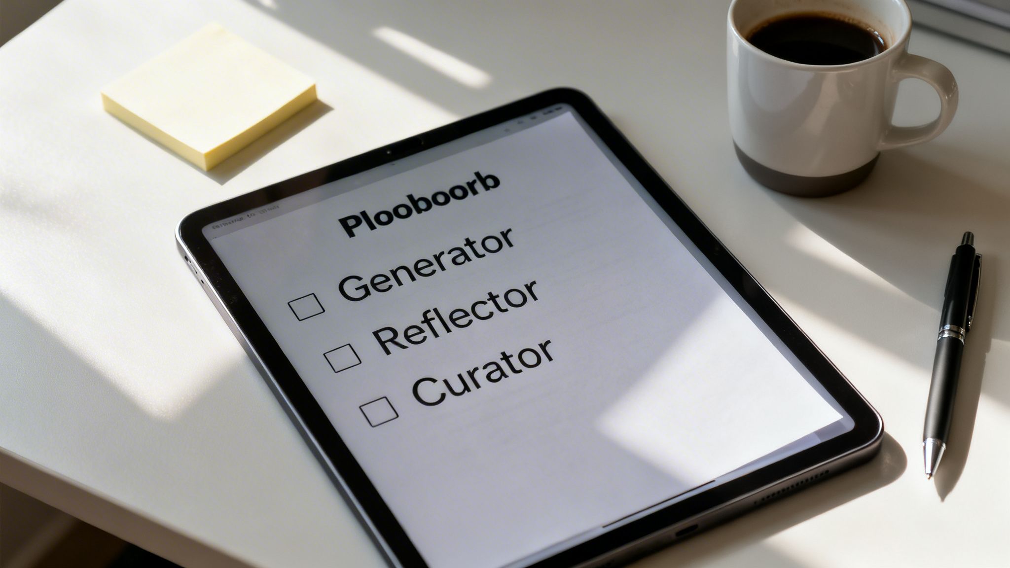 A tablet showing a checklist with 'Generator', 'Reflector', 'Curator' on a desk with coffee and sticky notes.