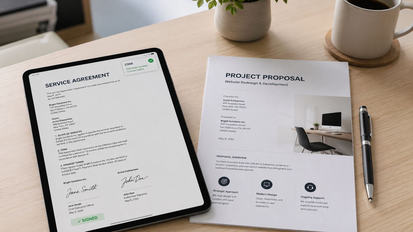 A digital tablet displaying a signed service agreement next to a printed project proposal on a desk.