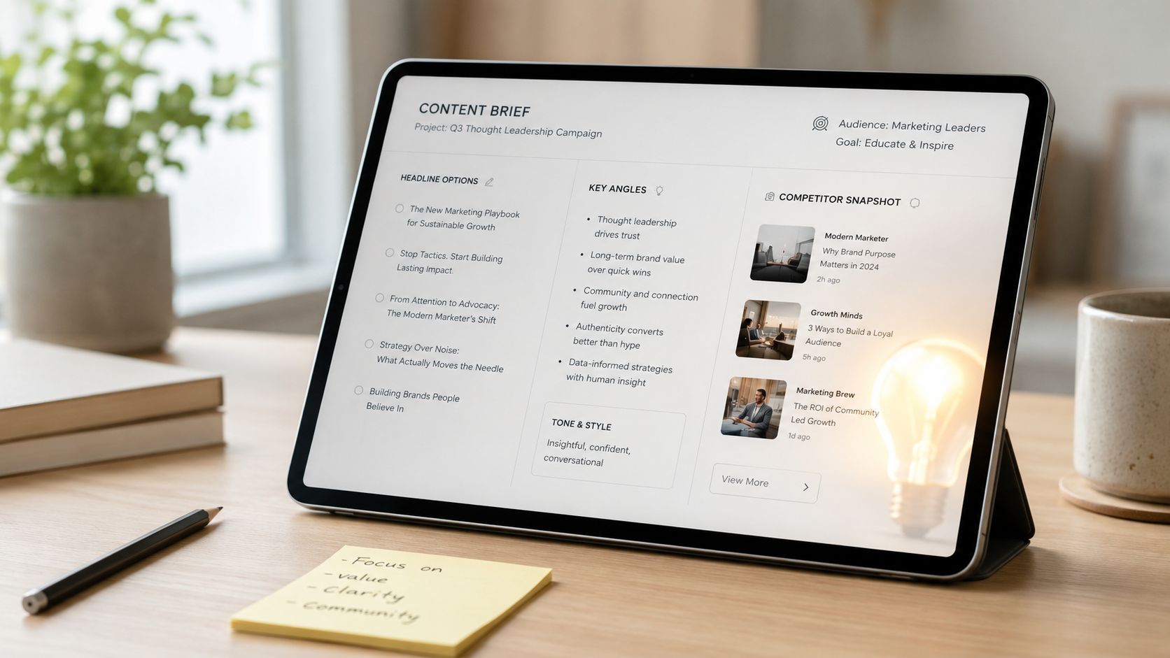 A digital tablet displaying a content brief for a marketing campaign on a wooden office desk.