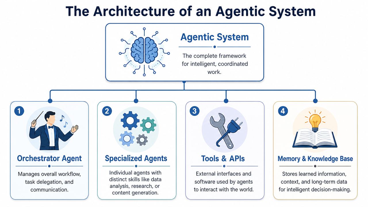 A diagram illustrating the four key components of an agentic system architecture including orchestration, specialized agents, tools, and memory.