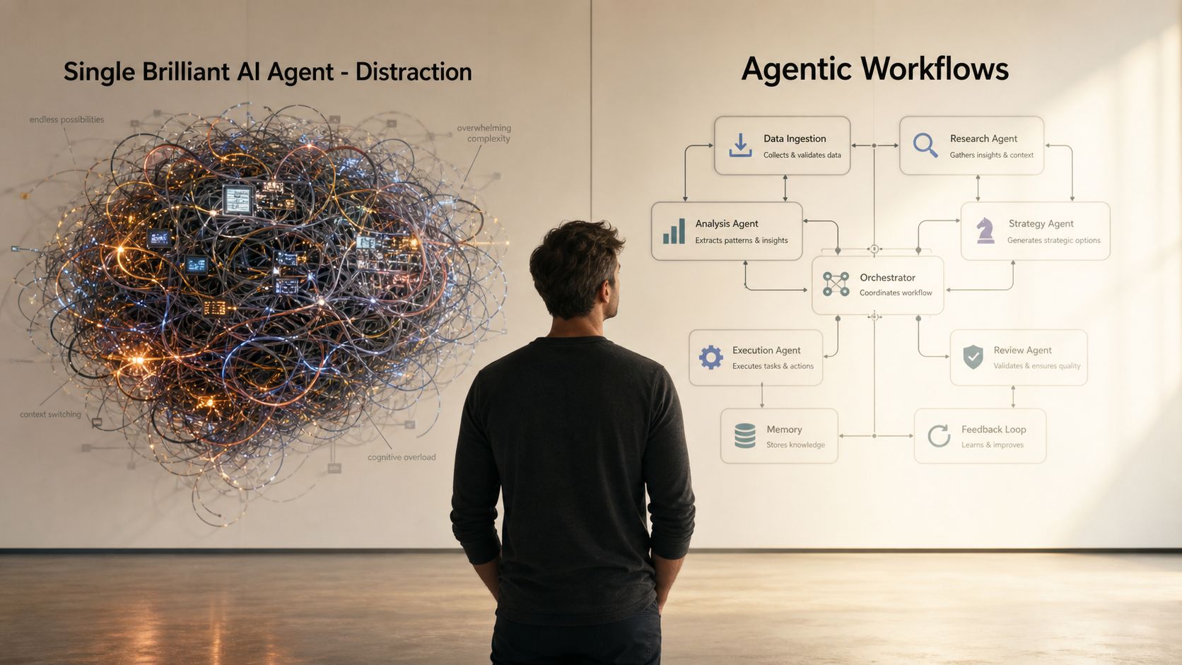 A person observing a comparison between a chaotic single AI agent and organized, efficient agentic workflows.