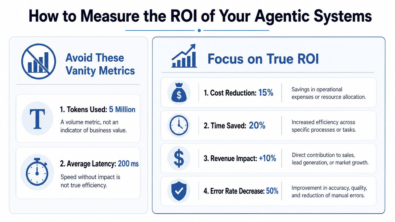 An infographic titled How to Measure the ROI of Your Agentic Systems, contrasting vanity metrics with true ROI.