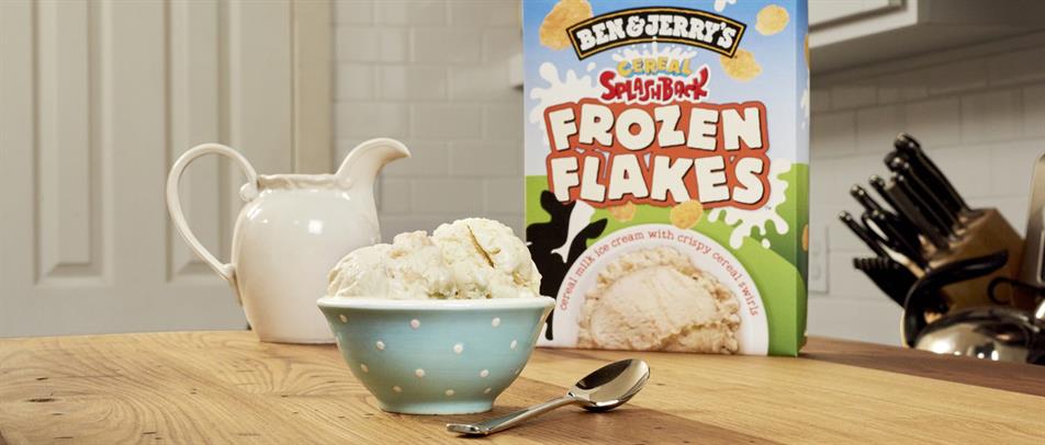 Ben & Jerry's Cereal SplashBack Frozen Flakes box, an AI-generated concept, beside a scoop in a bowl