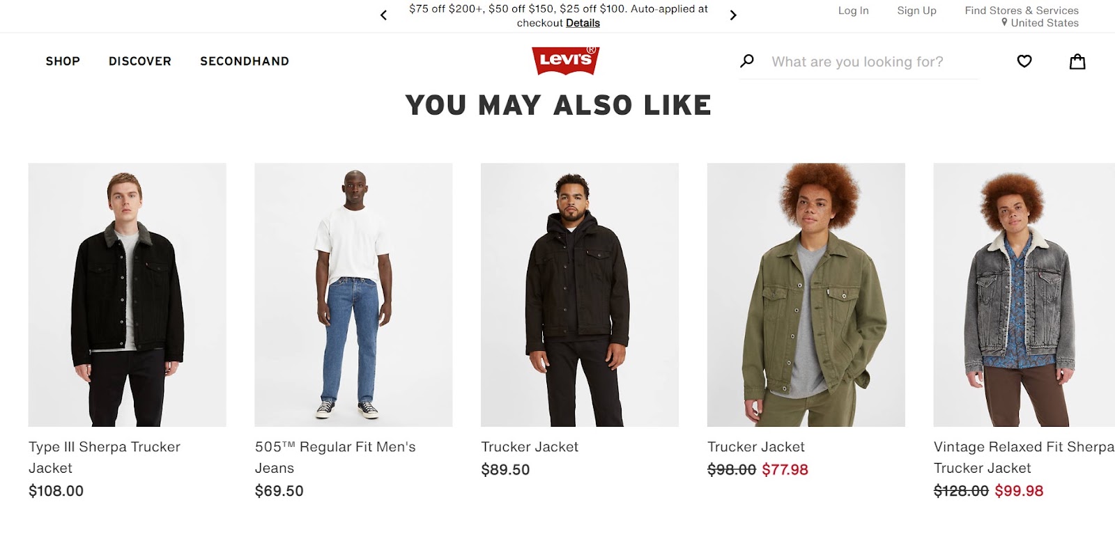 Levi's website "You May Also Like" carousel showing AI-recommended jackets and jeans with prices