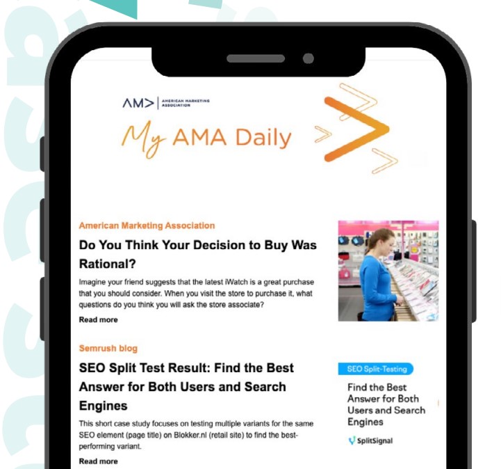 Smartphone screenshot of AMA's "My AMA Daily" newsletter with a Semrush SEO split test article and SplitSignal ad