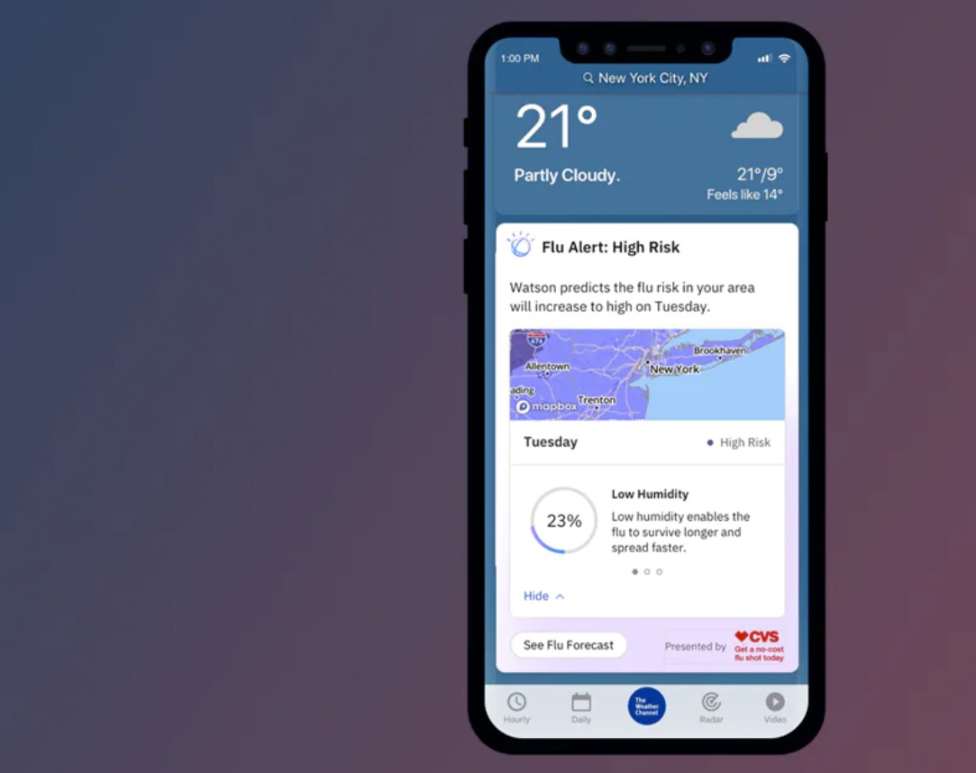 Weather app flu alert powered by IBM Watson predicts high risk Tuesday, with CVS-sponsored "See Flu Forecast" button