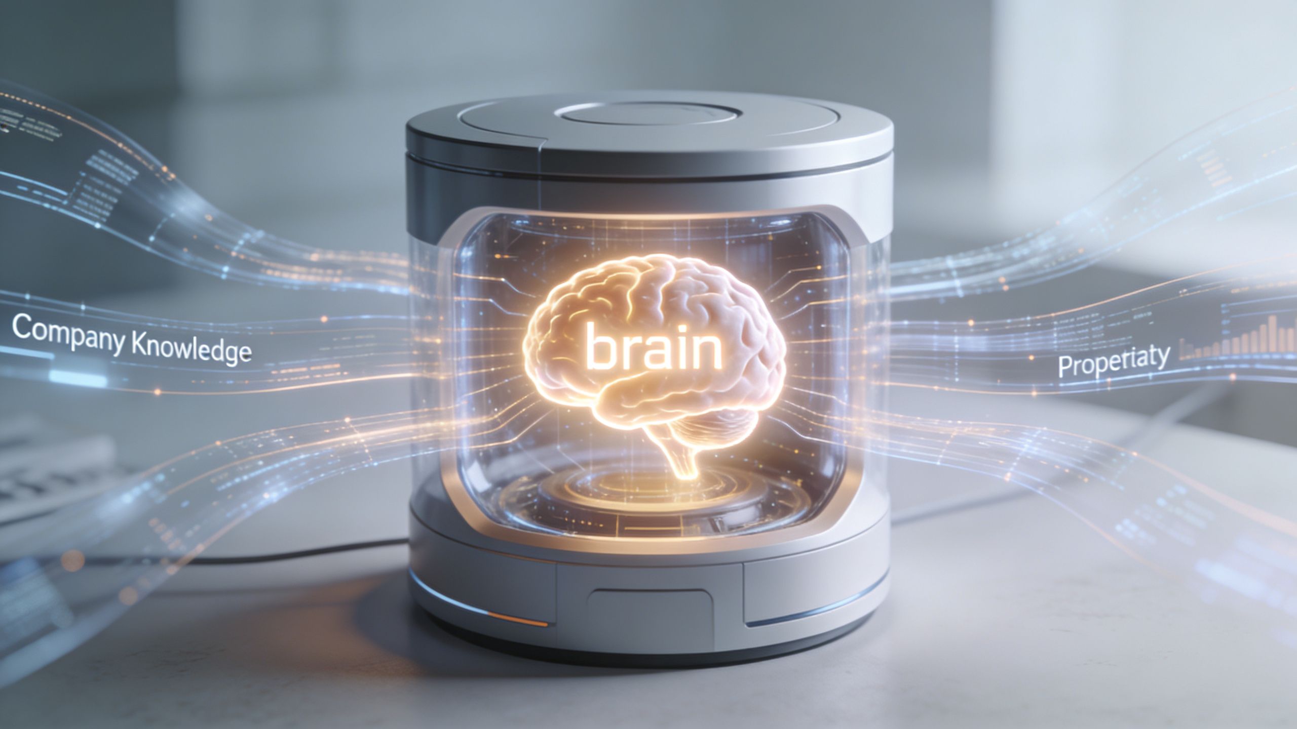 A glowing digital brain inside a futuristic glass cylinder with light streams representing business knowledge and data.