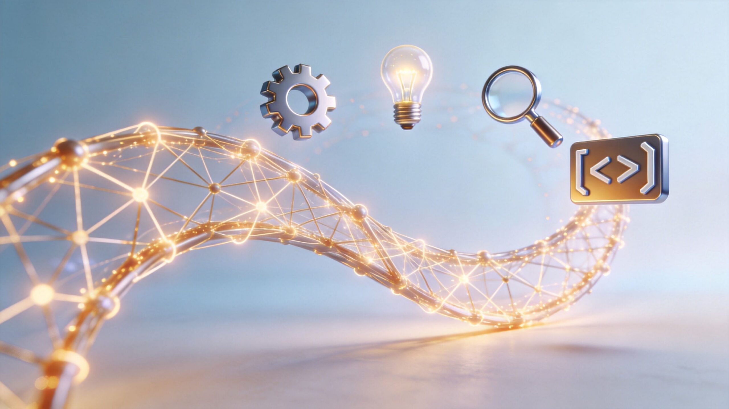 A 3D abstract visualization of a glowing digital neural network with floating icons representing innovation and technology.