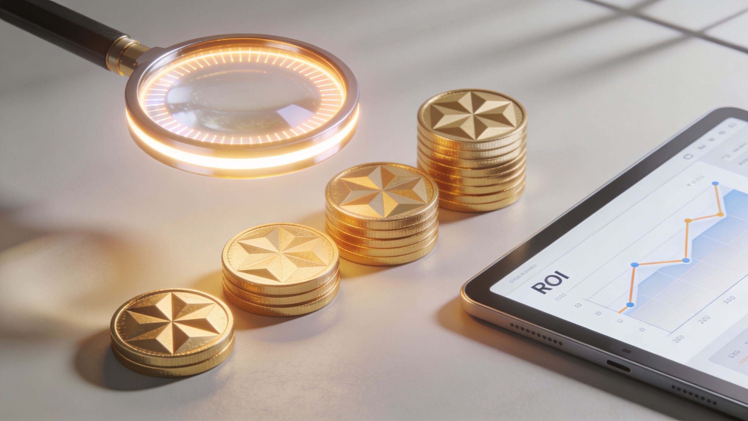 A magnifying glass inspecting stacks of gold coins next to a tablet displaying financial growth charts.