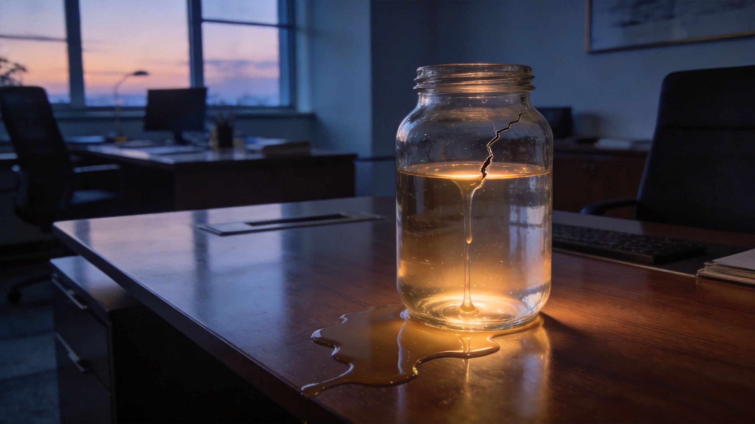 A glowing liquid leaking from a cracked glass jar on a wooden office desk at sunset.