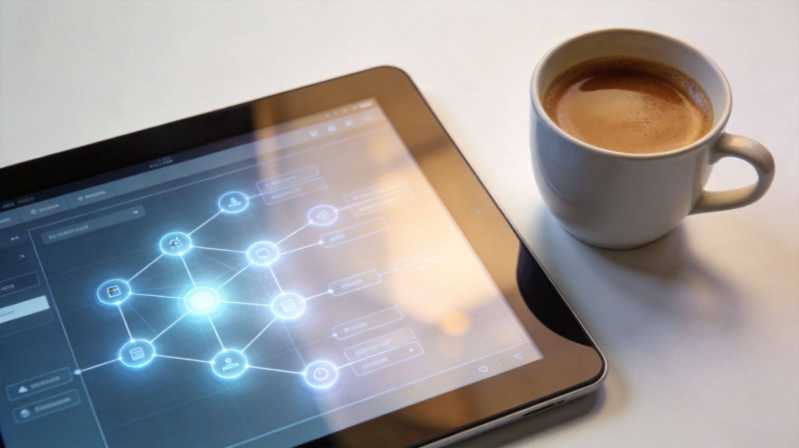 A digital tablet displaying a glowing network chart next to a white cup of coffee.