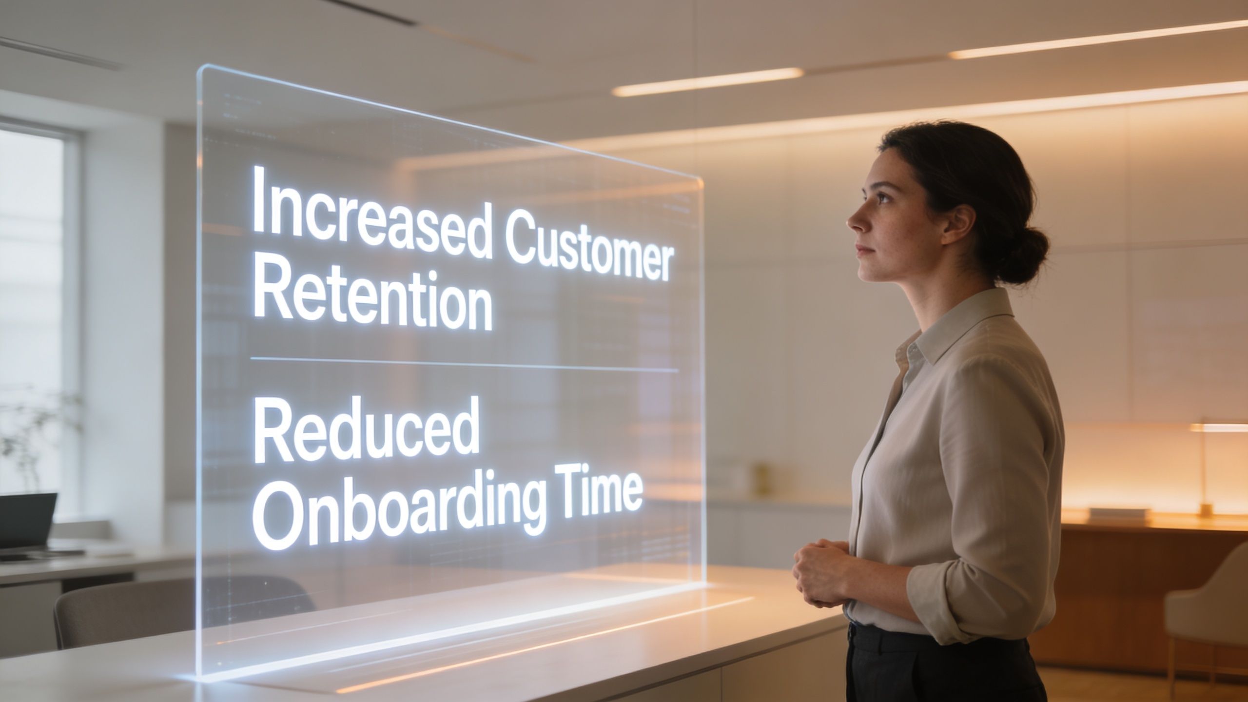 A professional woman looking at a transparent digital display showing Increased Customer Retention and Reduced Onboarding Time.