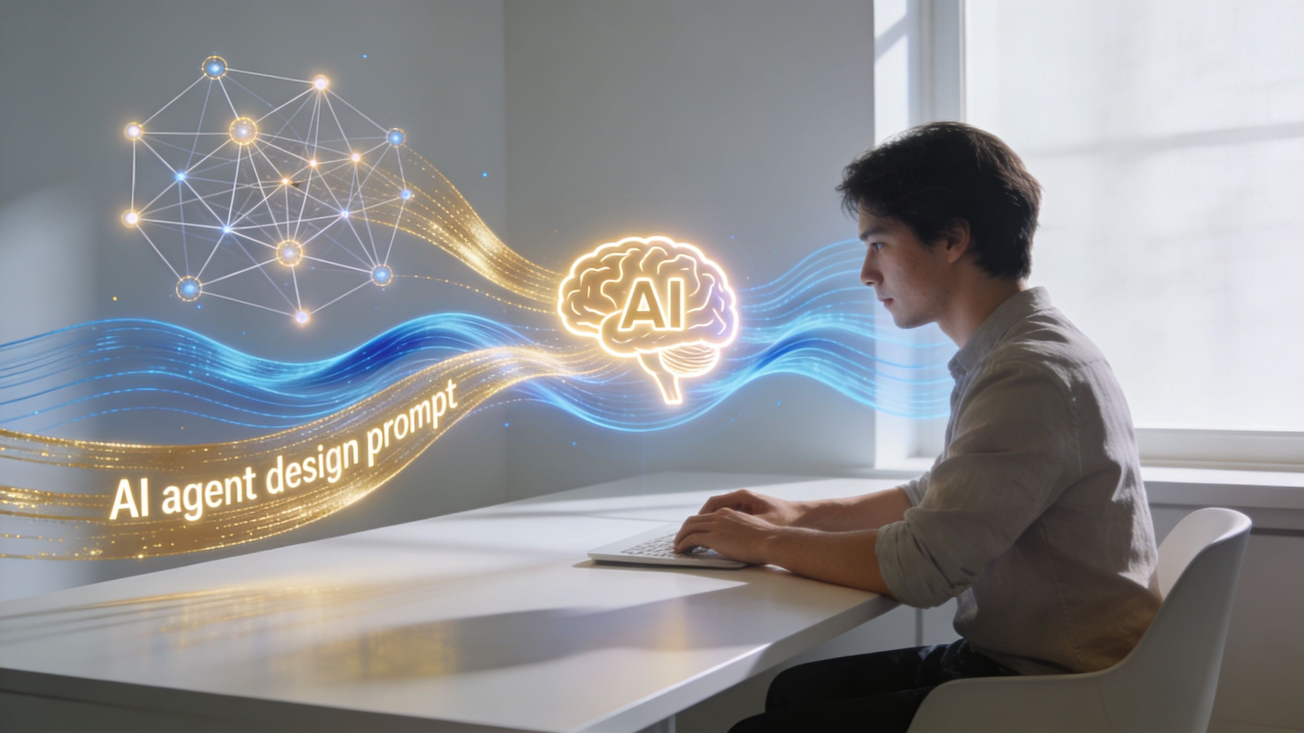 A man sits at a desk typing on a laptop, surrounded by glowing AI brain and network graphics.