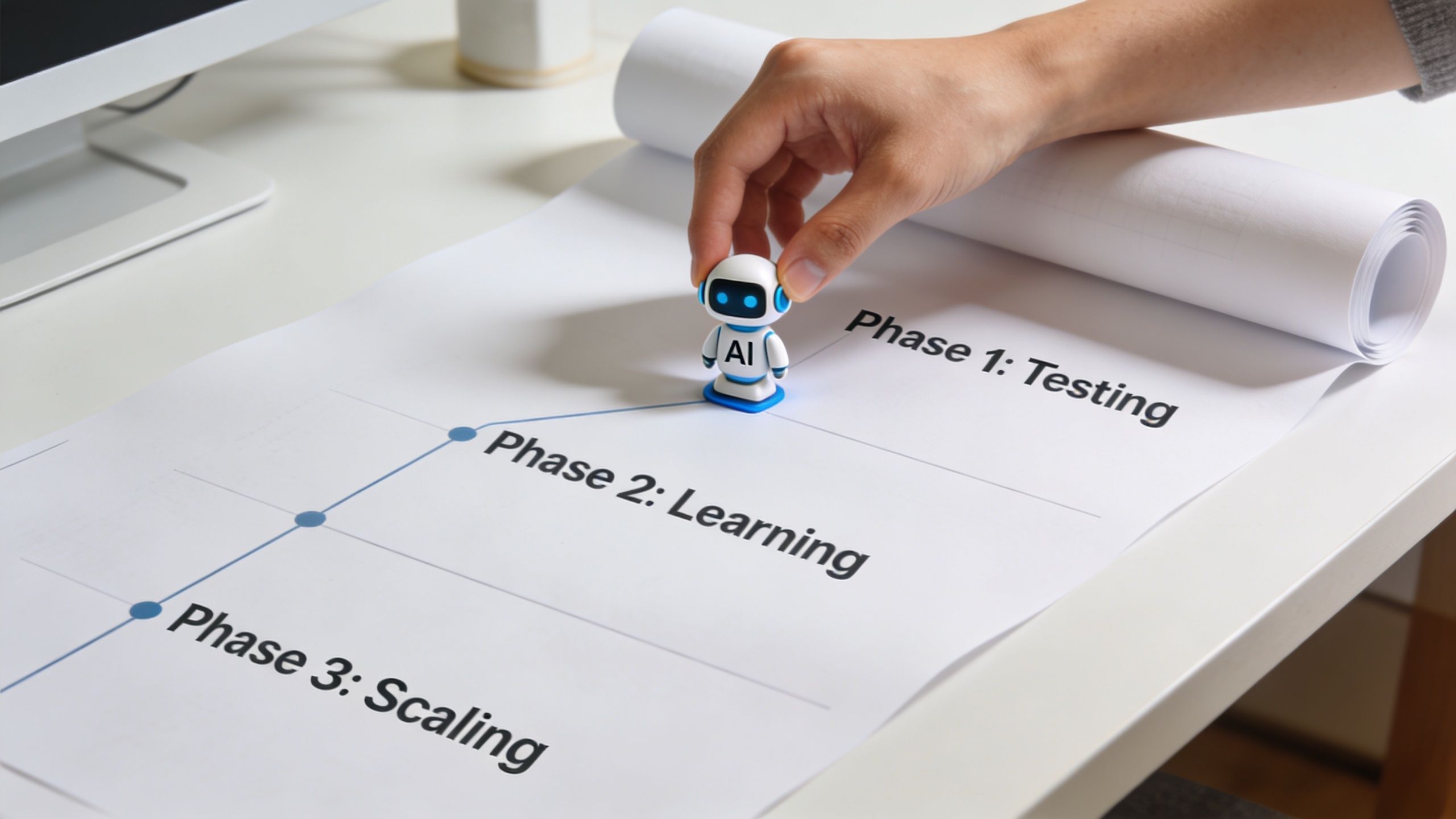 A hand places a small AI robot figurine on a chart outlining testing, learning, and scaling phases.