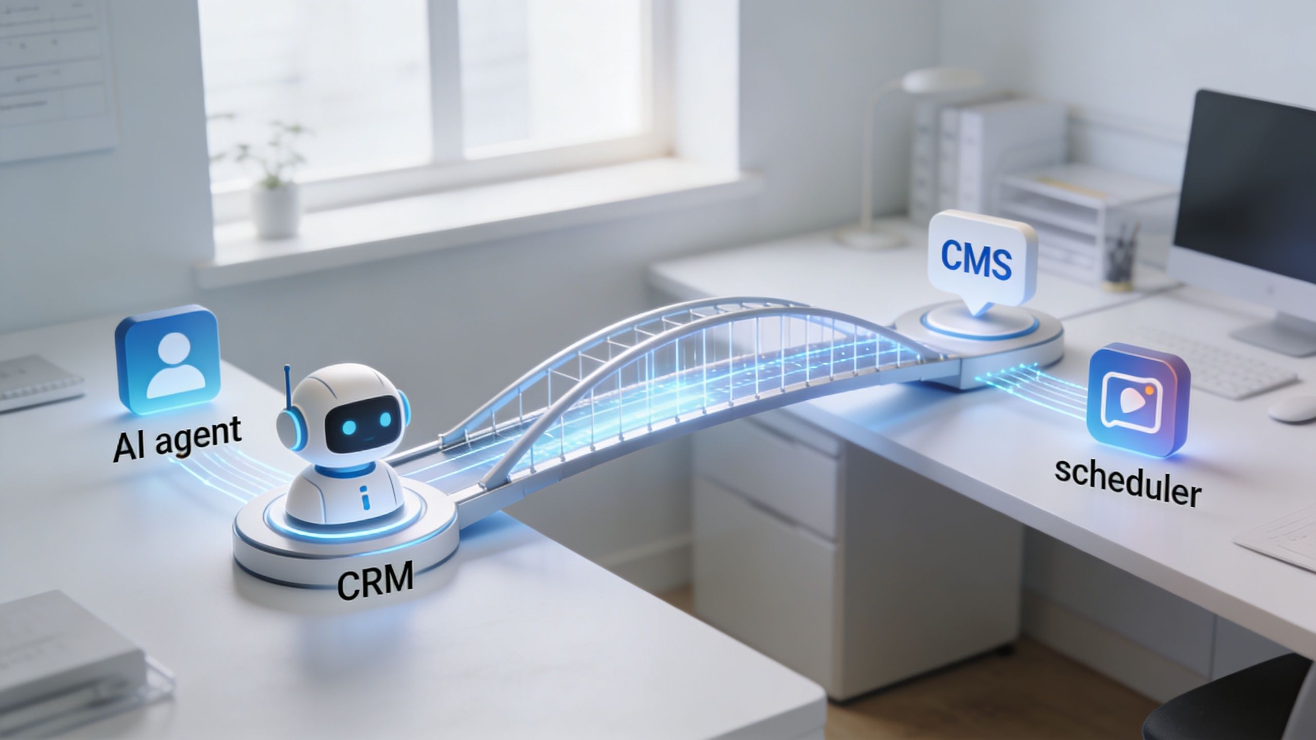 A 3D visualization showing an AI agent connecting a CRM system to a content management system and scheduler.