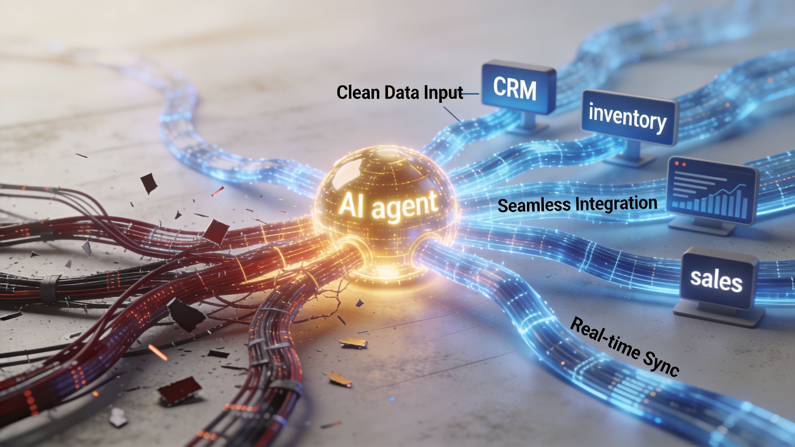 A glowing AI agent sphere connected by digital cables to various business systems like CRM and inventory management.