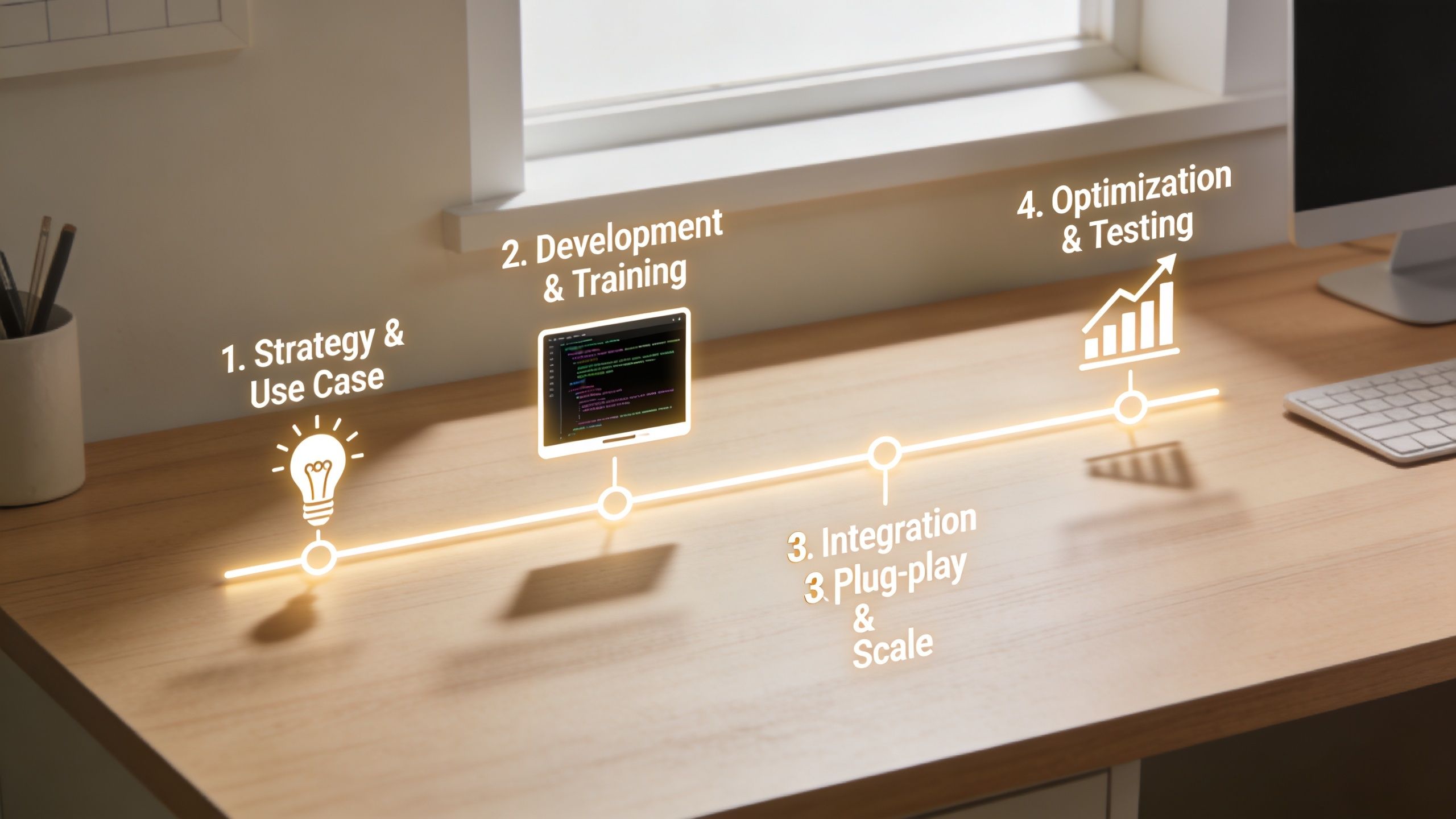 A conceptual timeline graphic displaying four steps for implementing an AI agent for ecommerce operations.