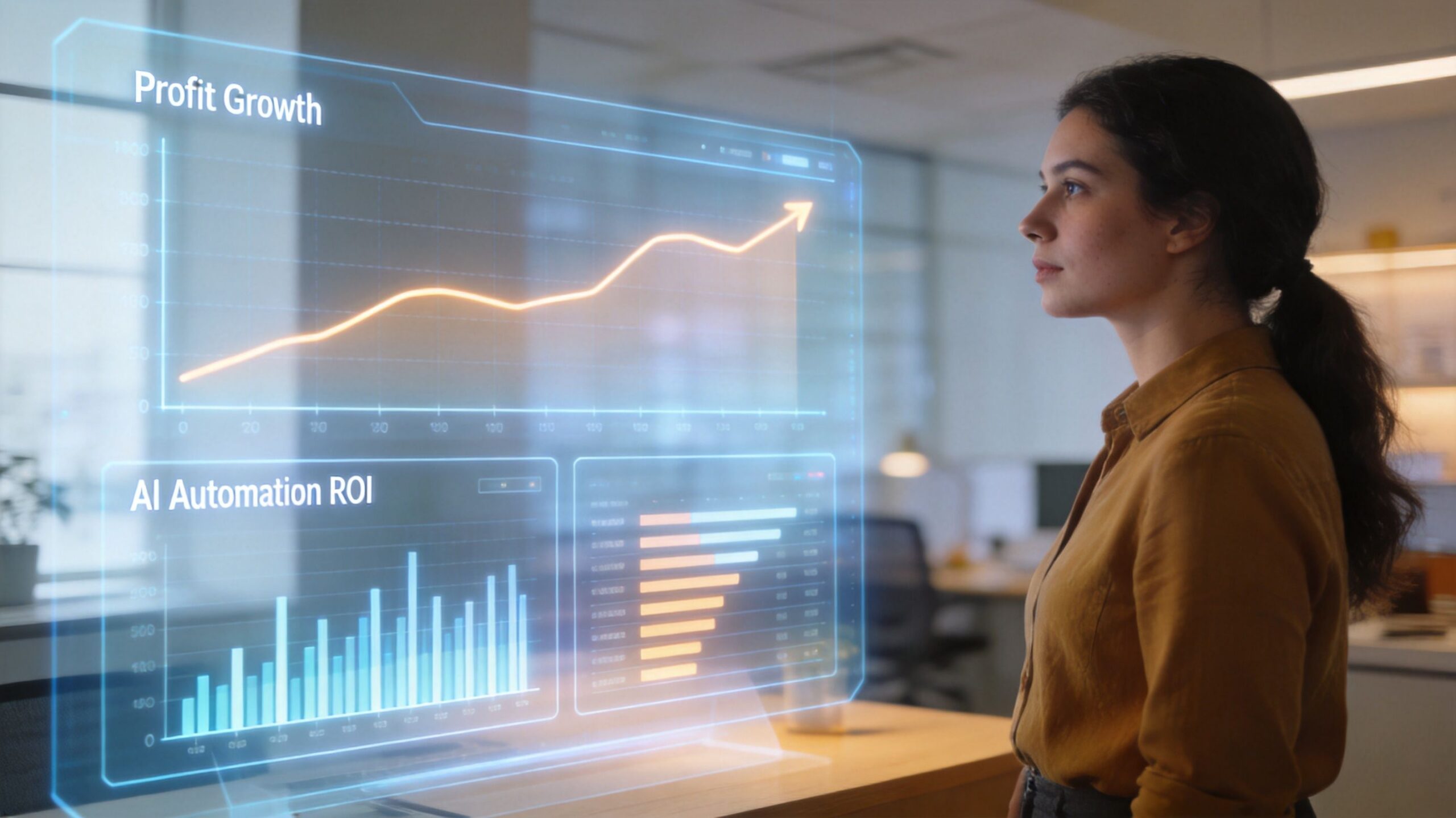 A professional woman observes a digital holographic display showing business profit growth and AI automation ROI statistics.