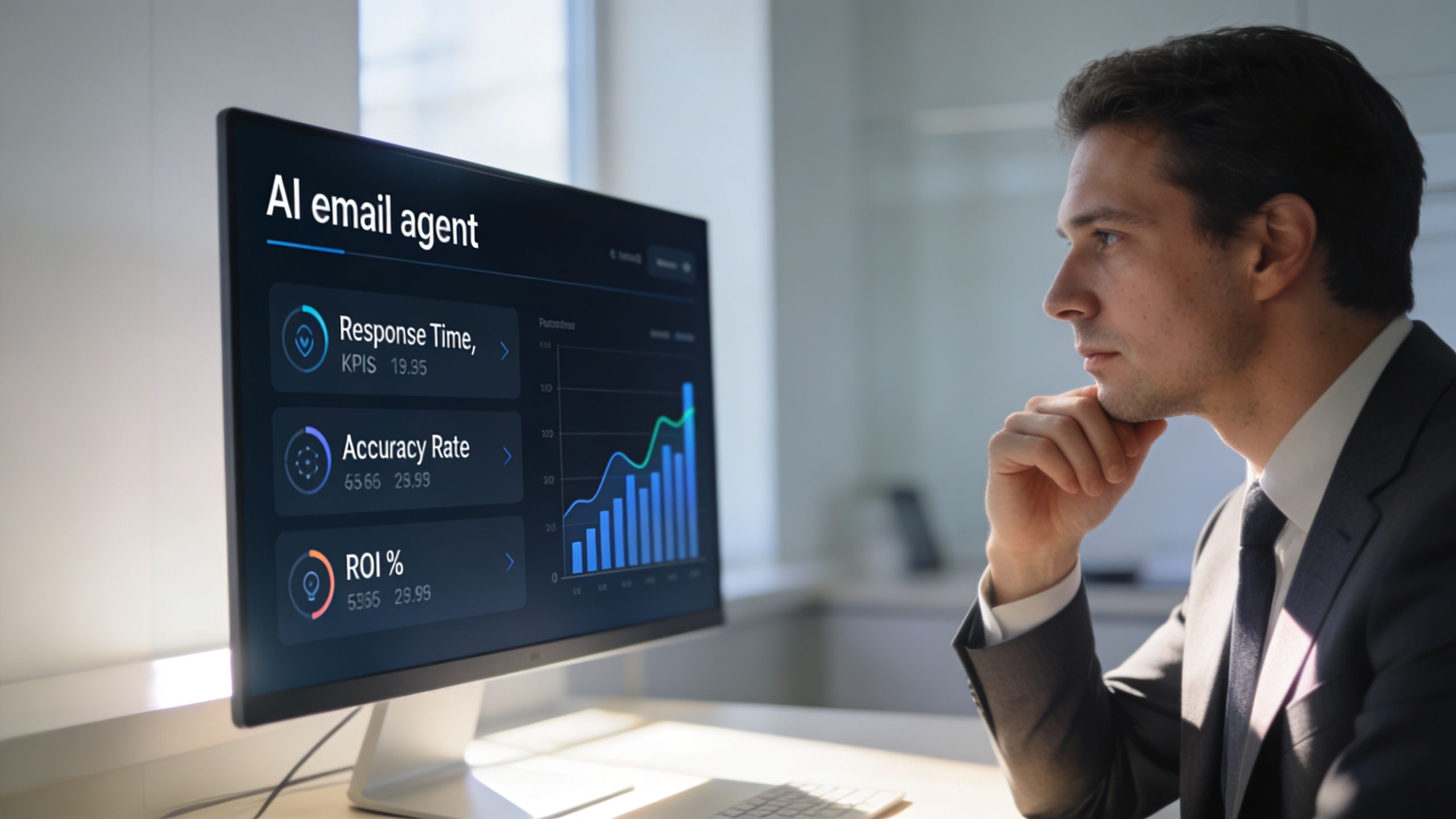 A professional man in a suit looking at a monitor displaying AI email agent performance metrics.