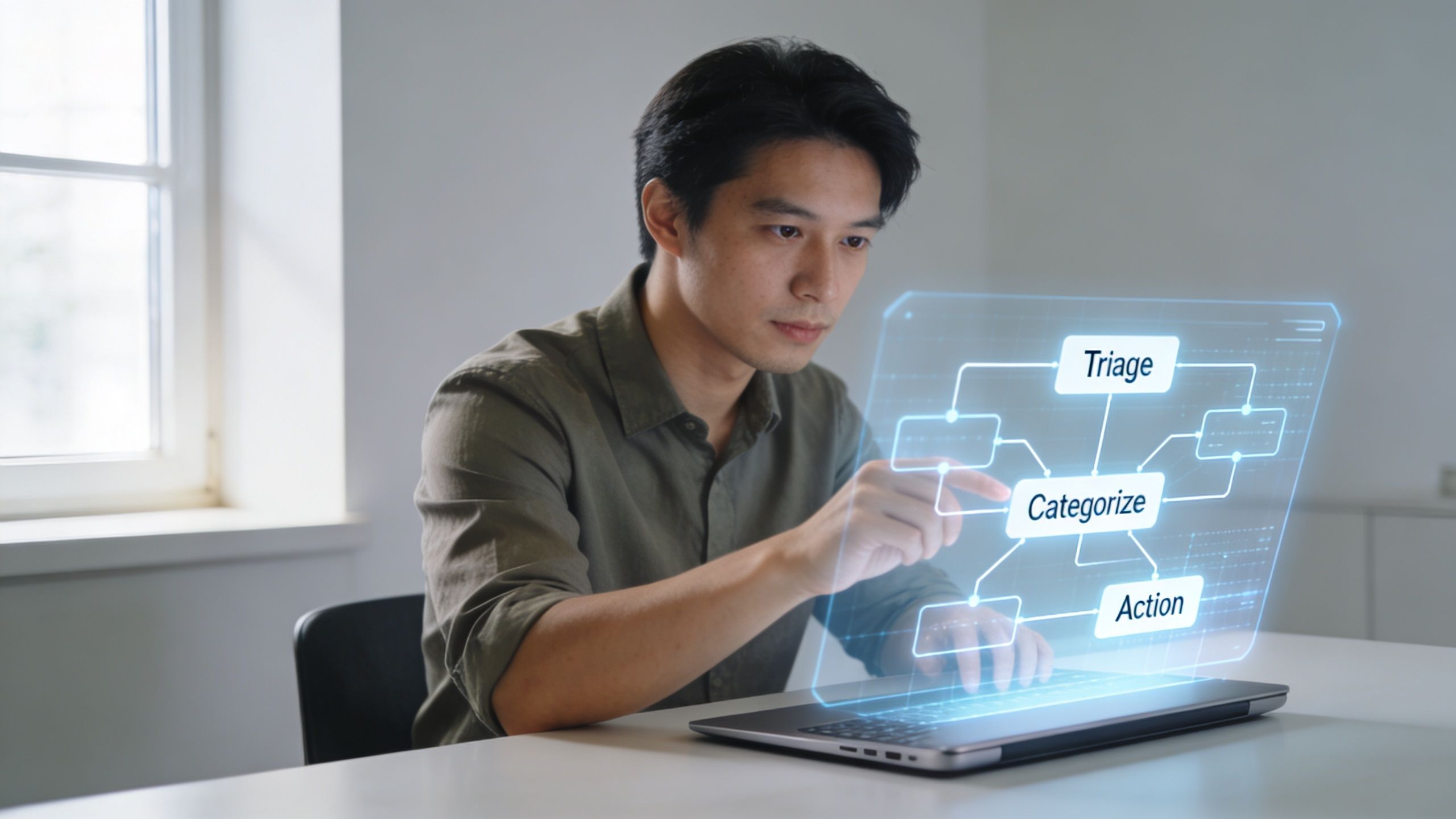 A focused man interacting with a holographic interface showing email triage and categorization workflow on his laptop.