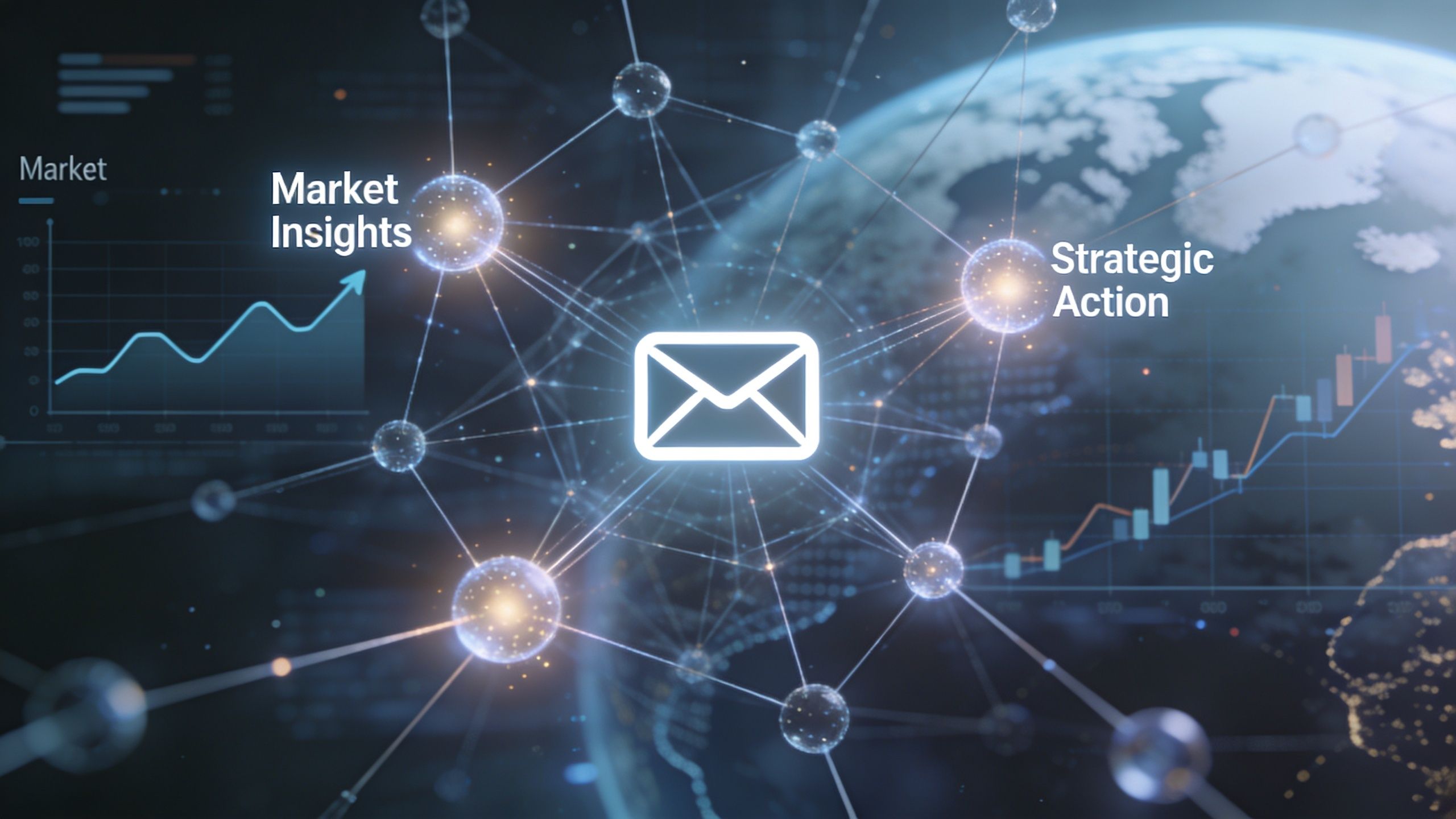A digital graphic representing AI email inbox management with a globe, data charts, and network connection nodes.