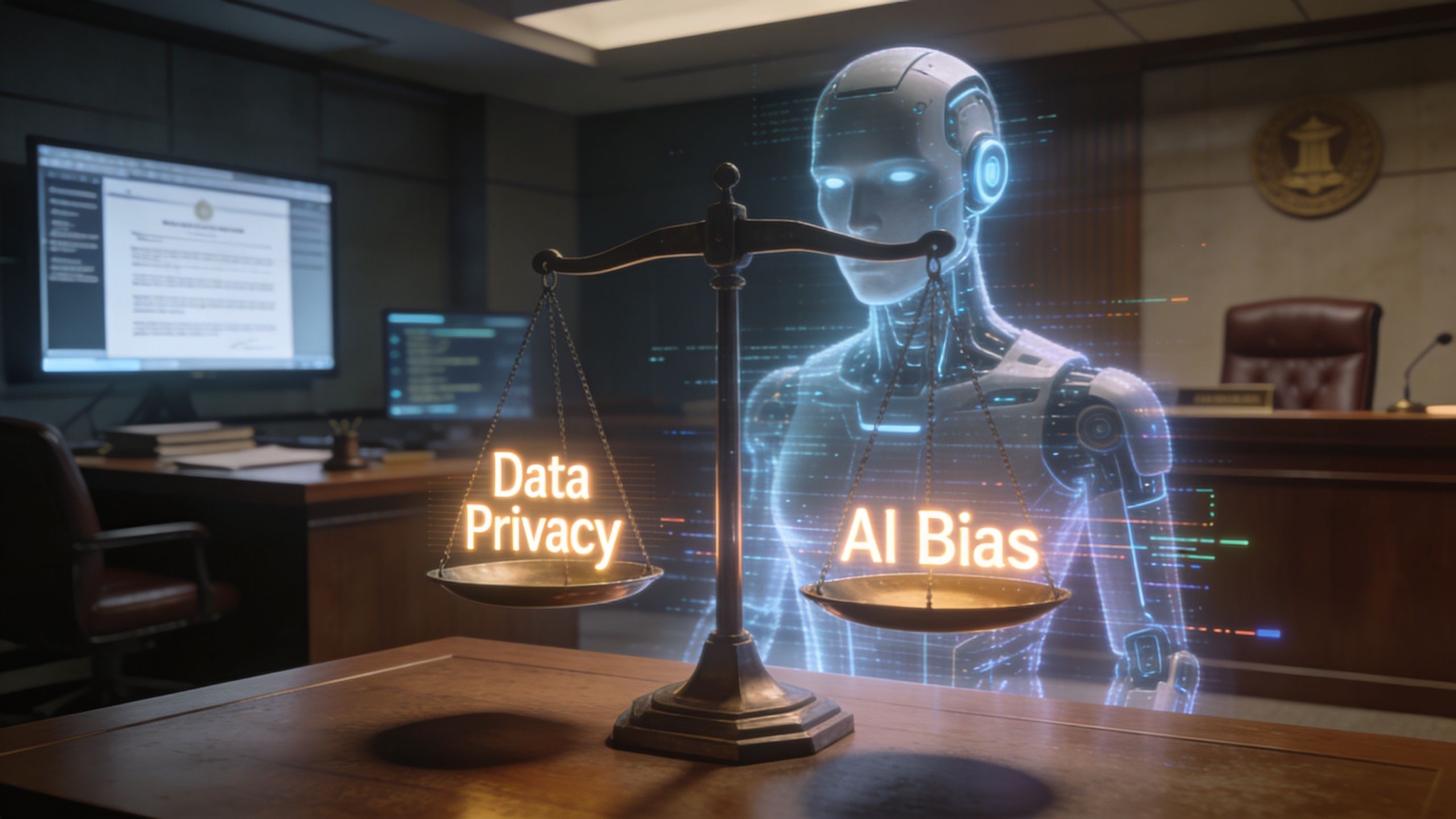 A futuristic robot overseeing a courtroom scale balancing the concepts of data privacy and AI bias.
