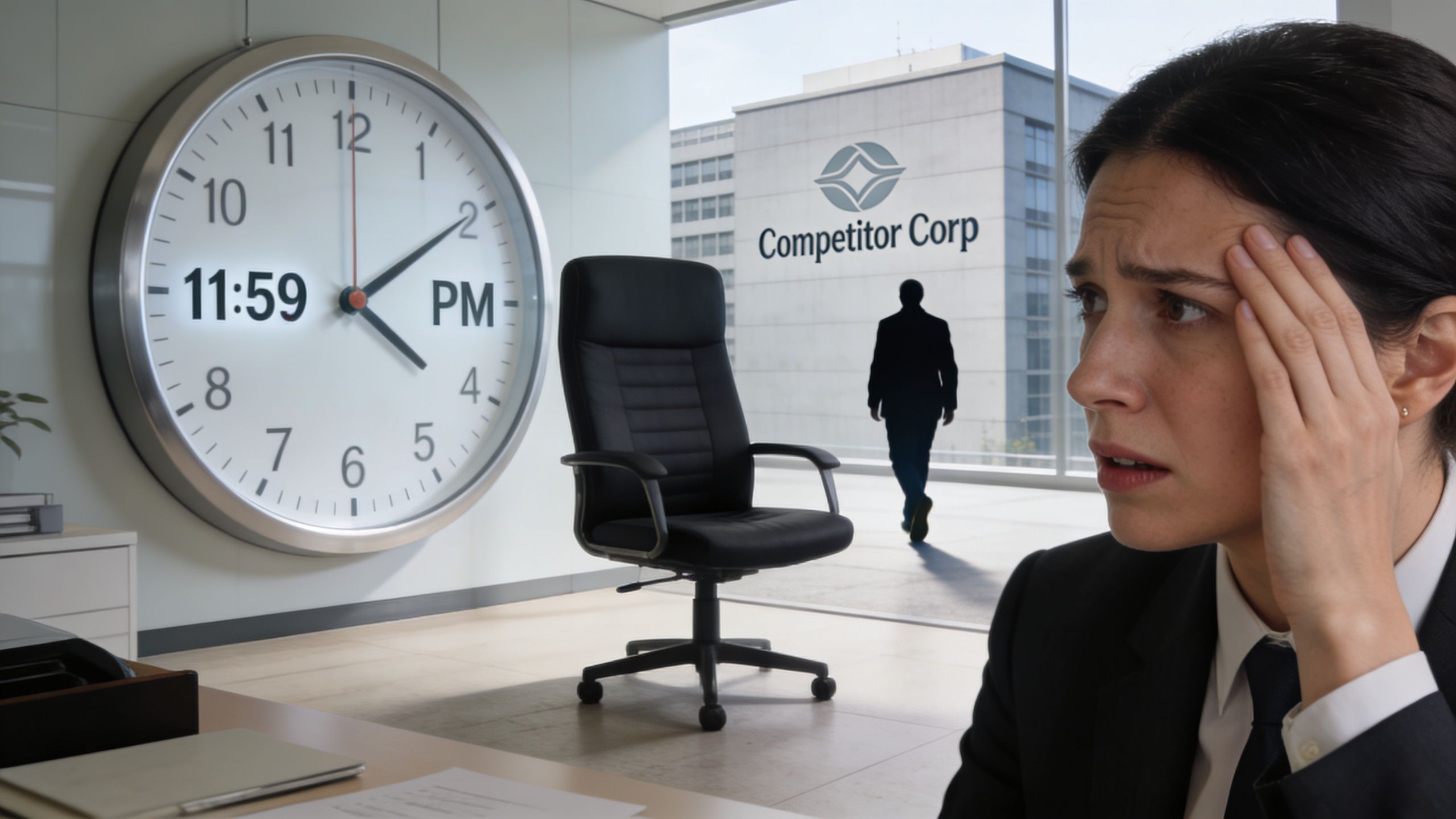 A stressed professional woman sits in an office as a person walks toward the Competitor Corp building.