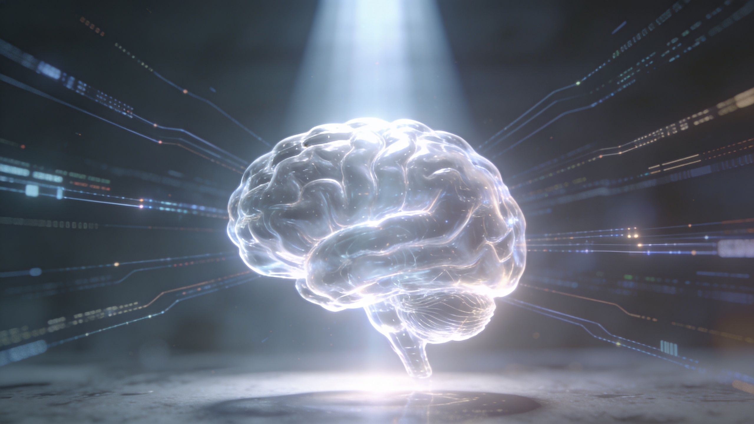 A luminous, digital 3D model of a human brain illuminated by a spotlight with flowing data streams.