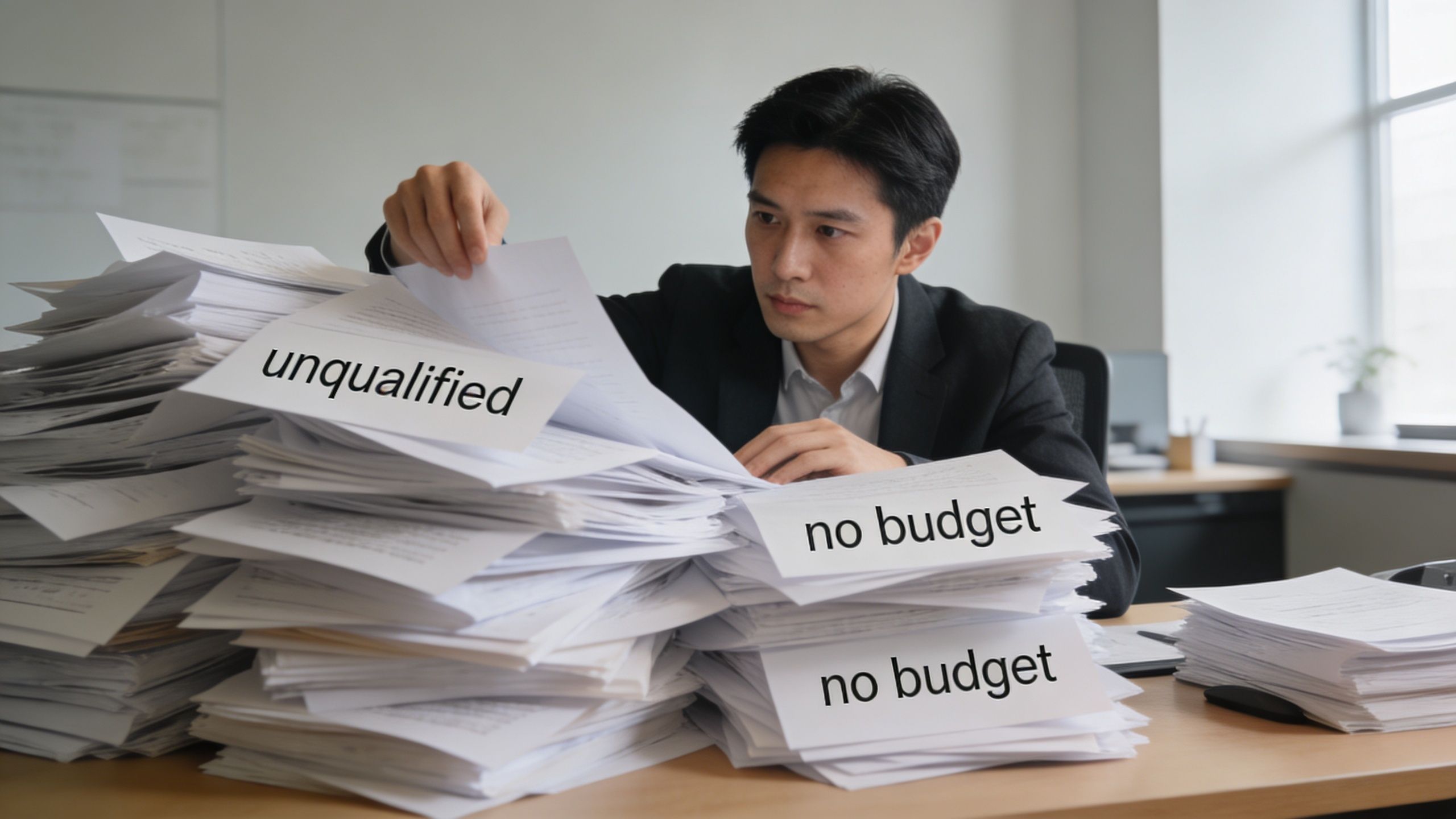 A professional man at a desk sorting through large stacks of paperwork labeled unqualified and no budget.