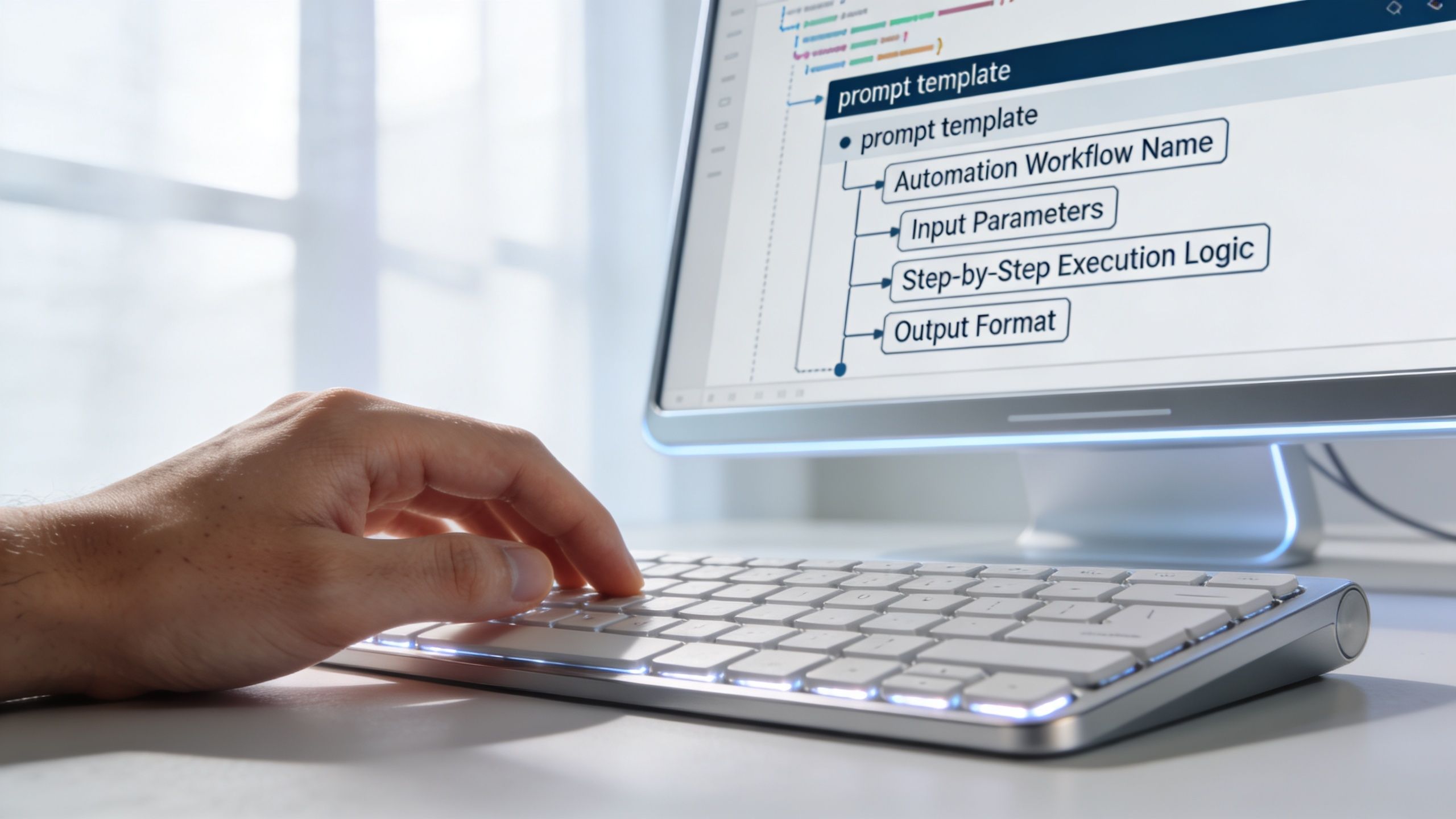 A person typing on a computer keyboard while viewing an AI prompt template workflow on their monitor.