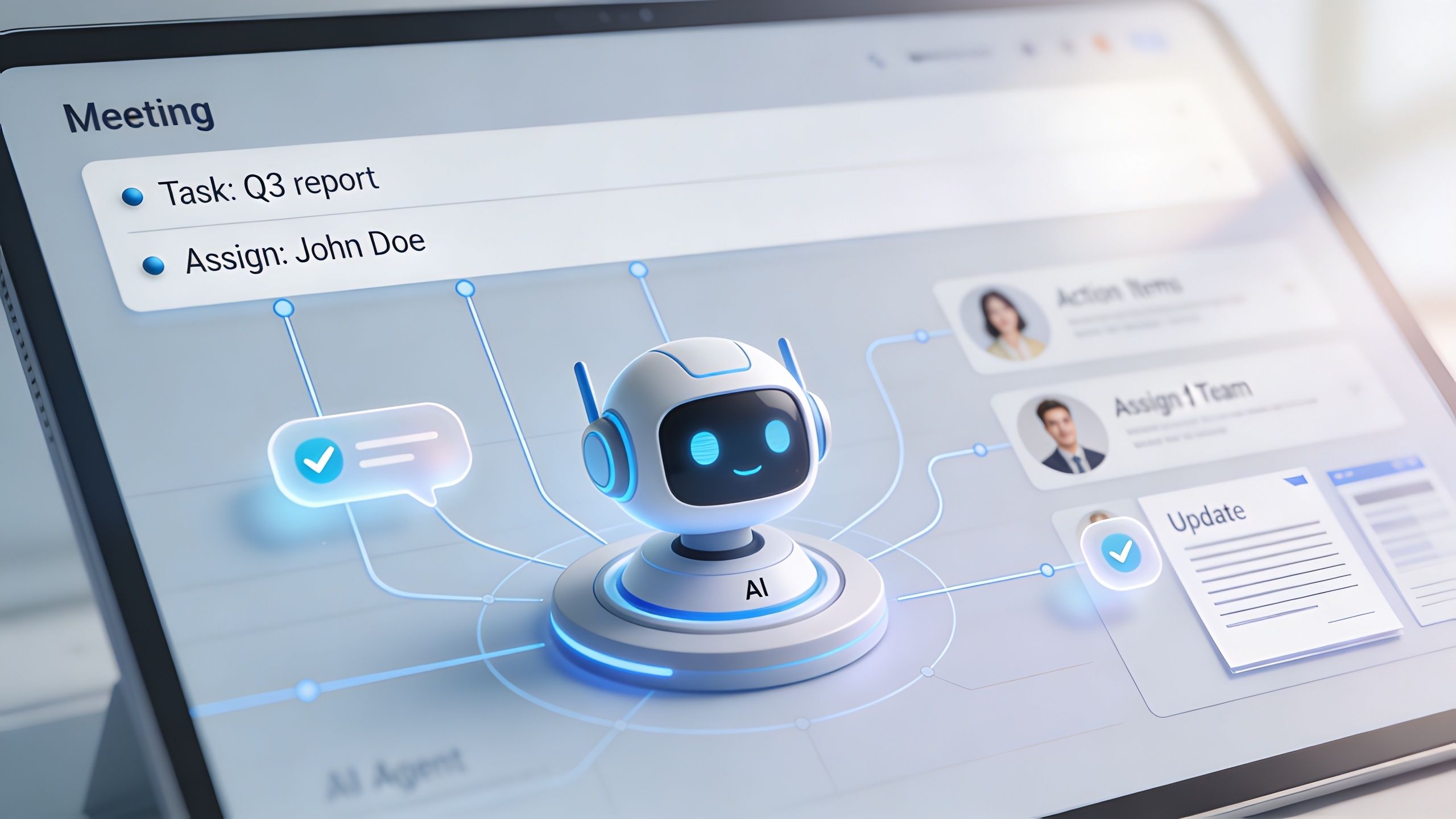 A friendly AI robot assistant helping organize meeting tasks and action items on a digital tablet interface.
