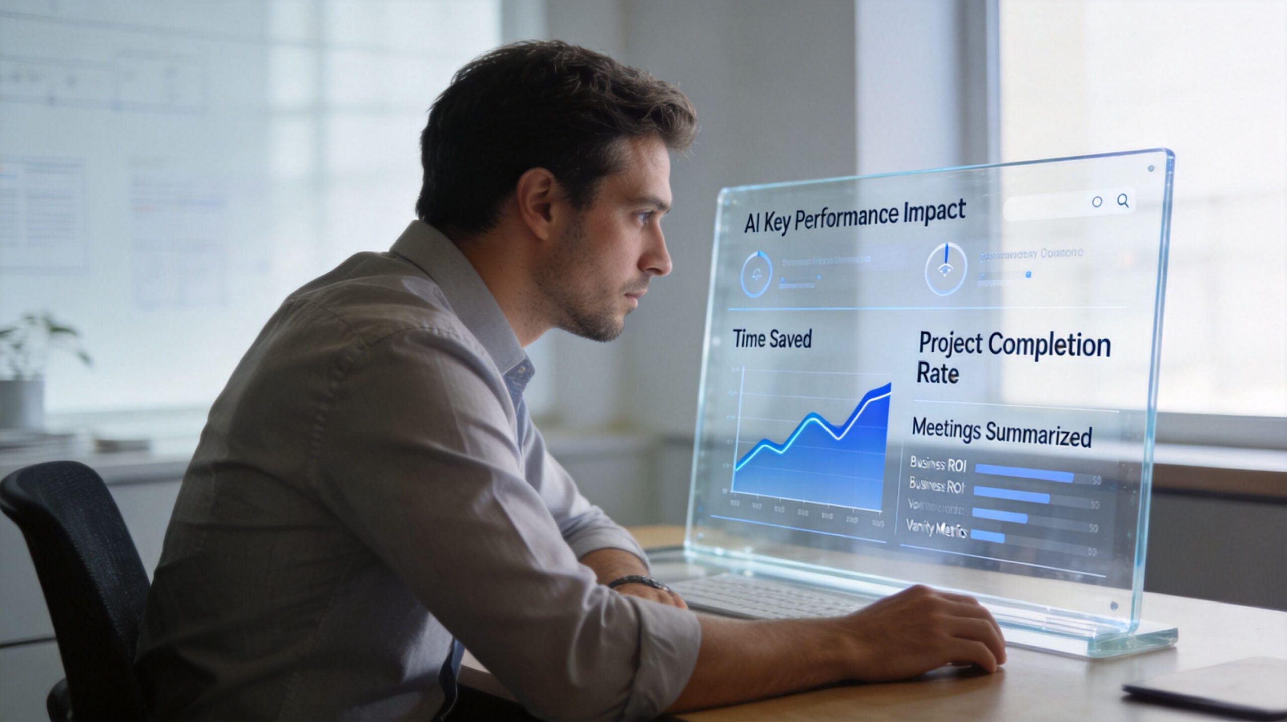 A professional man analyzing project performance metrics on a transparent digital display in a modern office.