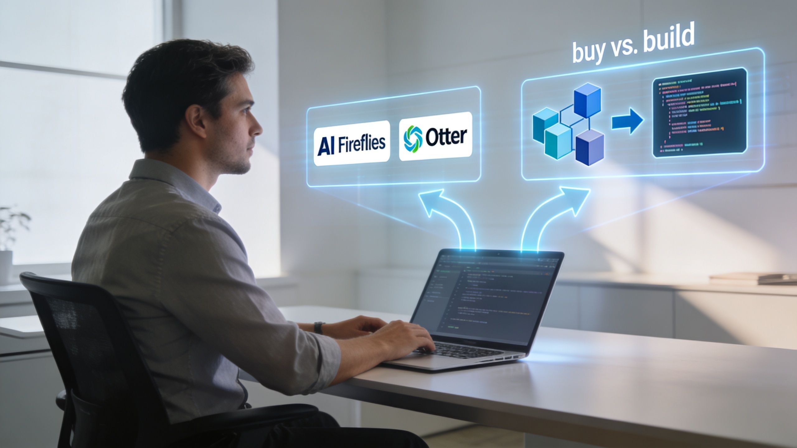 A professional man at a laptop considering AI meeting tools compared to custom software development solutions.