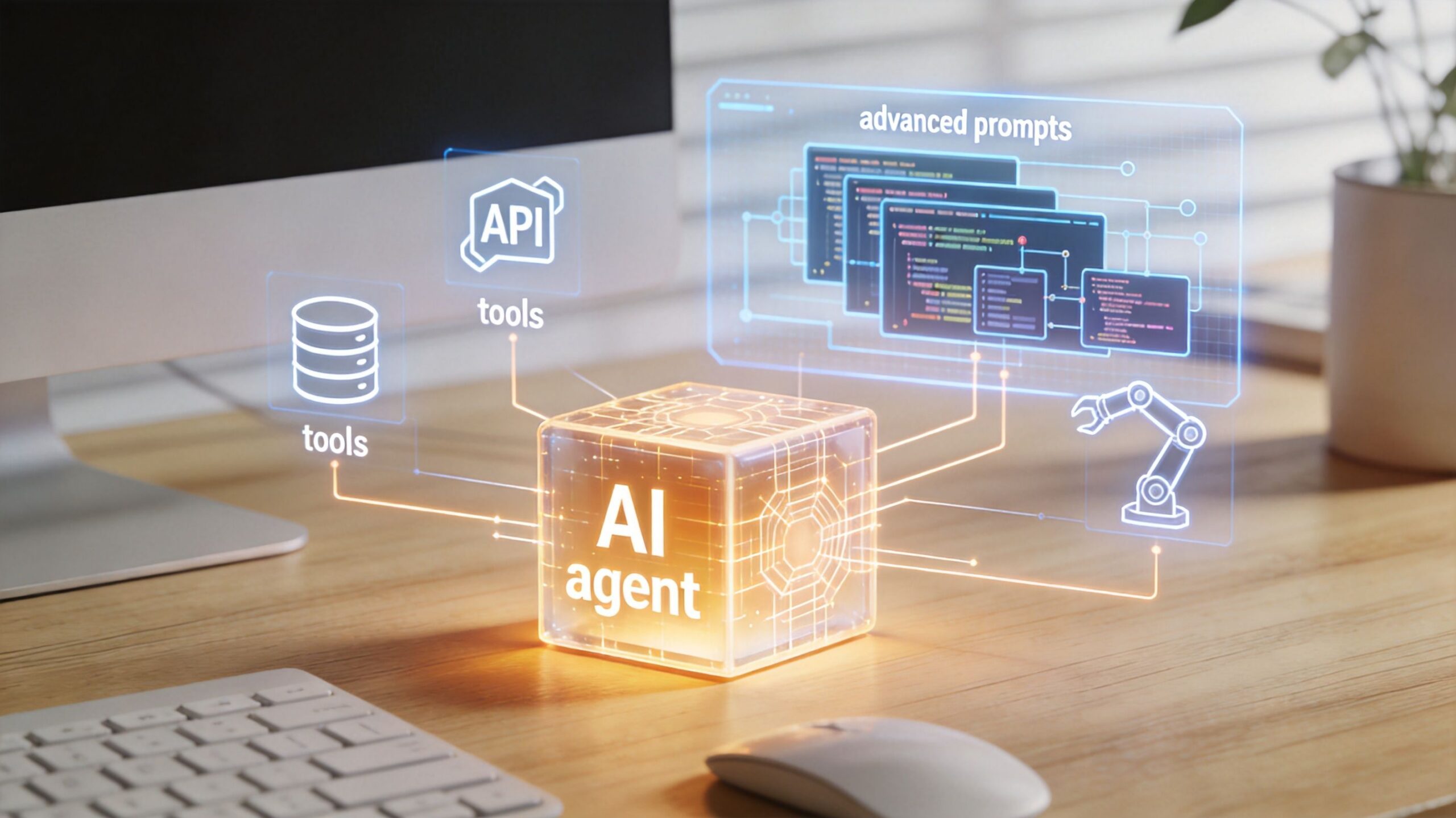 A digital graphic depicting an AI agent cube connected to various tools, code snippets, and robotic automation icons.
