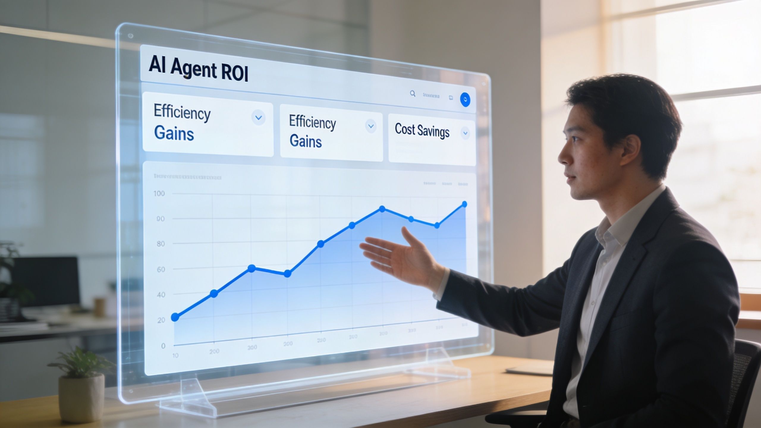 A professional man gesturing towards a digital transparent screen displaying an AI Agent ROI performance graph.