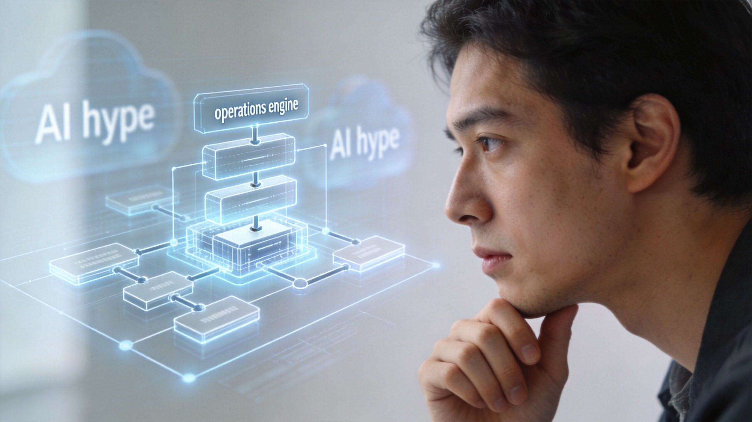 A thoughtful man looking at a futuristic holographic interface labeled with operations engine and AI hype text.