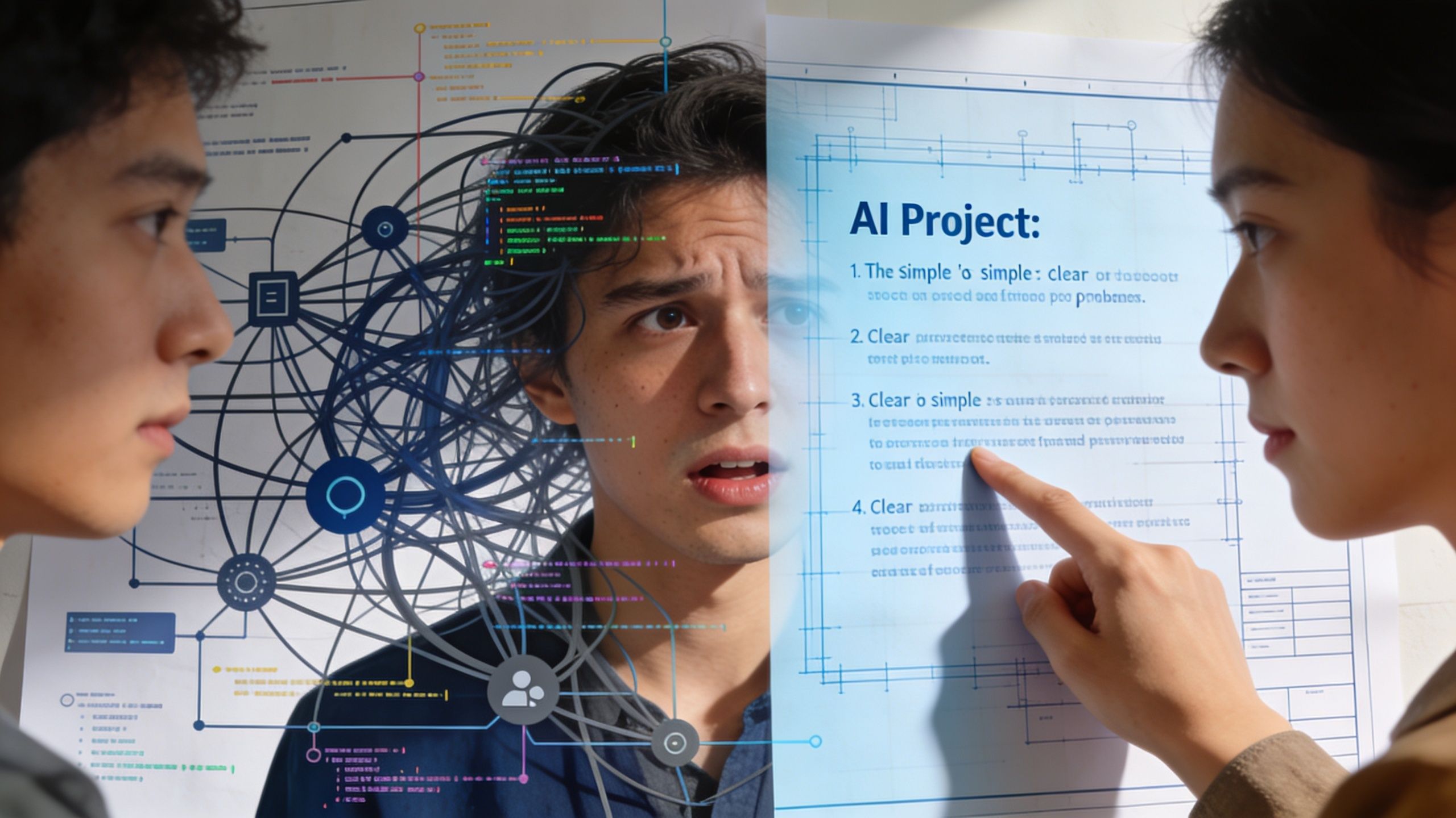 A team of young professionals collaborates on an AI project management plan with digital network graphics overlaid.