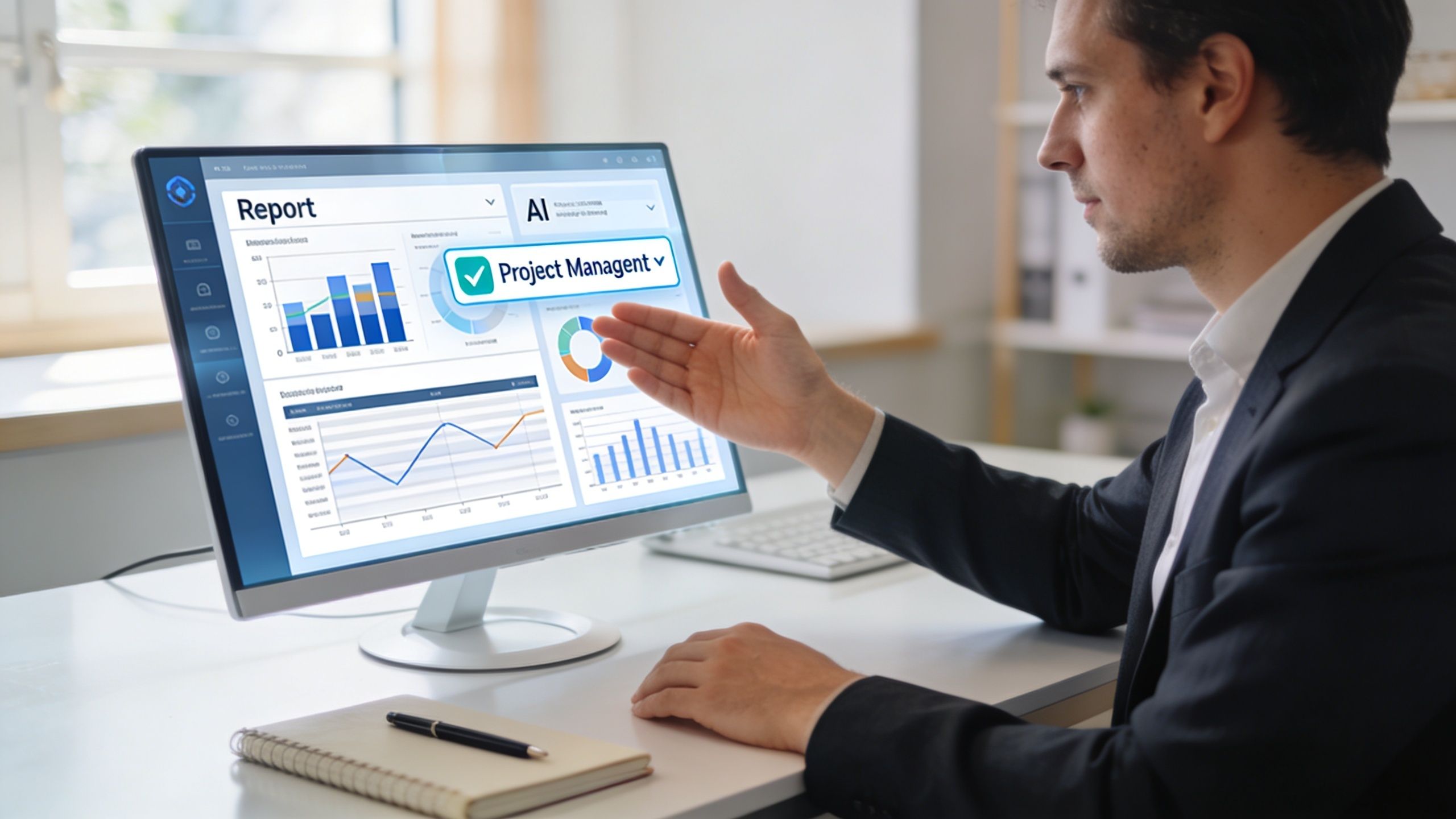 A professional man gesturing toward a computer screen displaying an AI project management dashboard with data charts.
