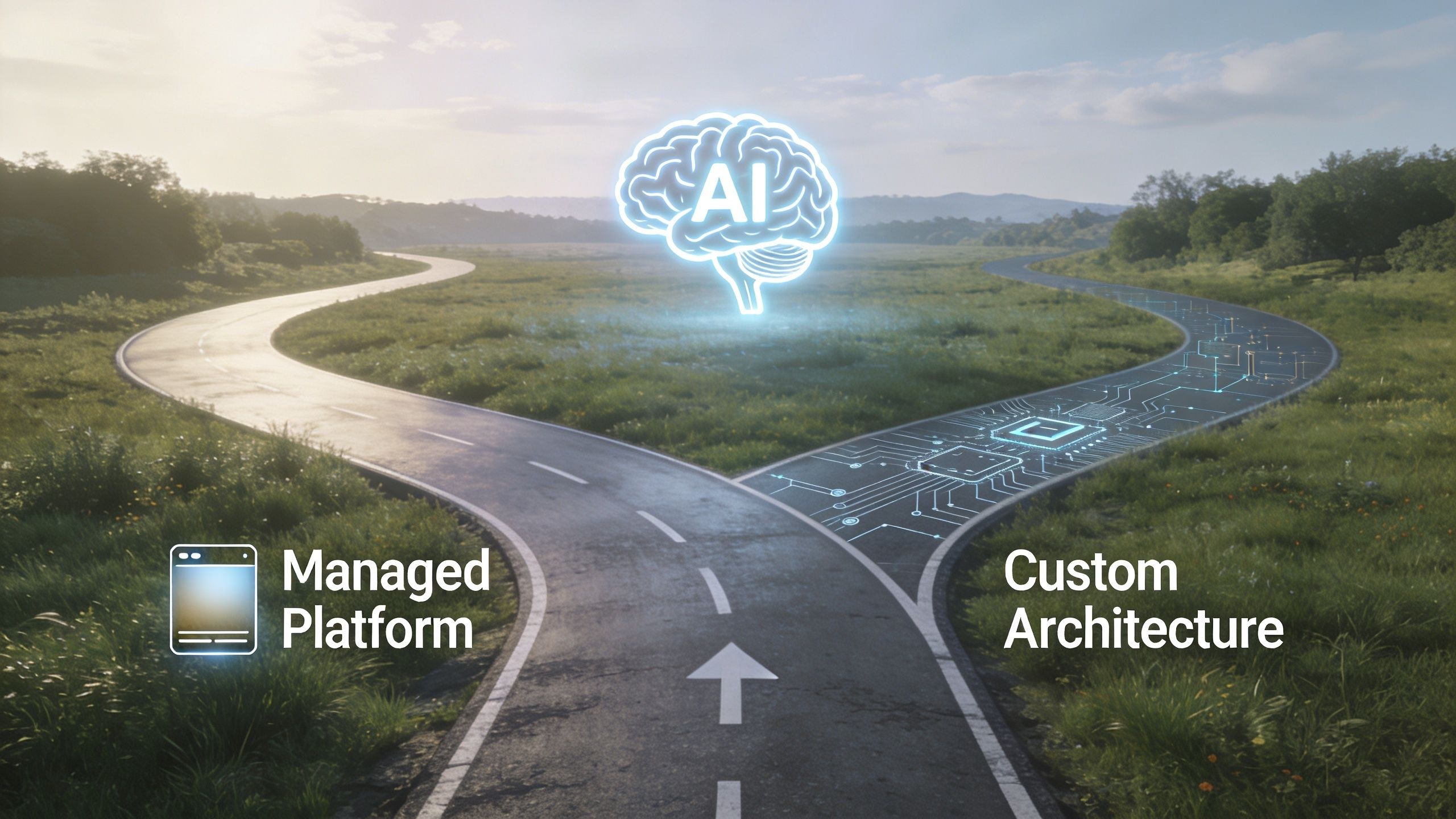 A path forks into two, illustrating a conceptual choice between a Managed Platform and a Custom Architecture for AI.