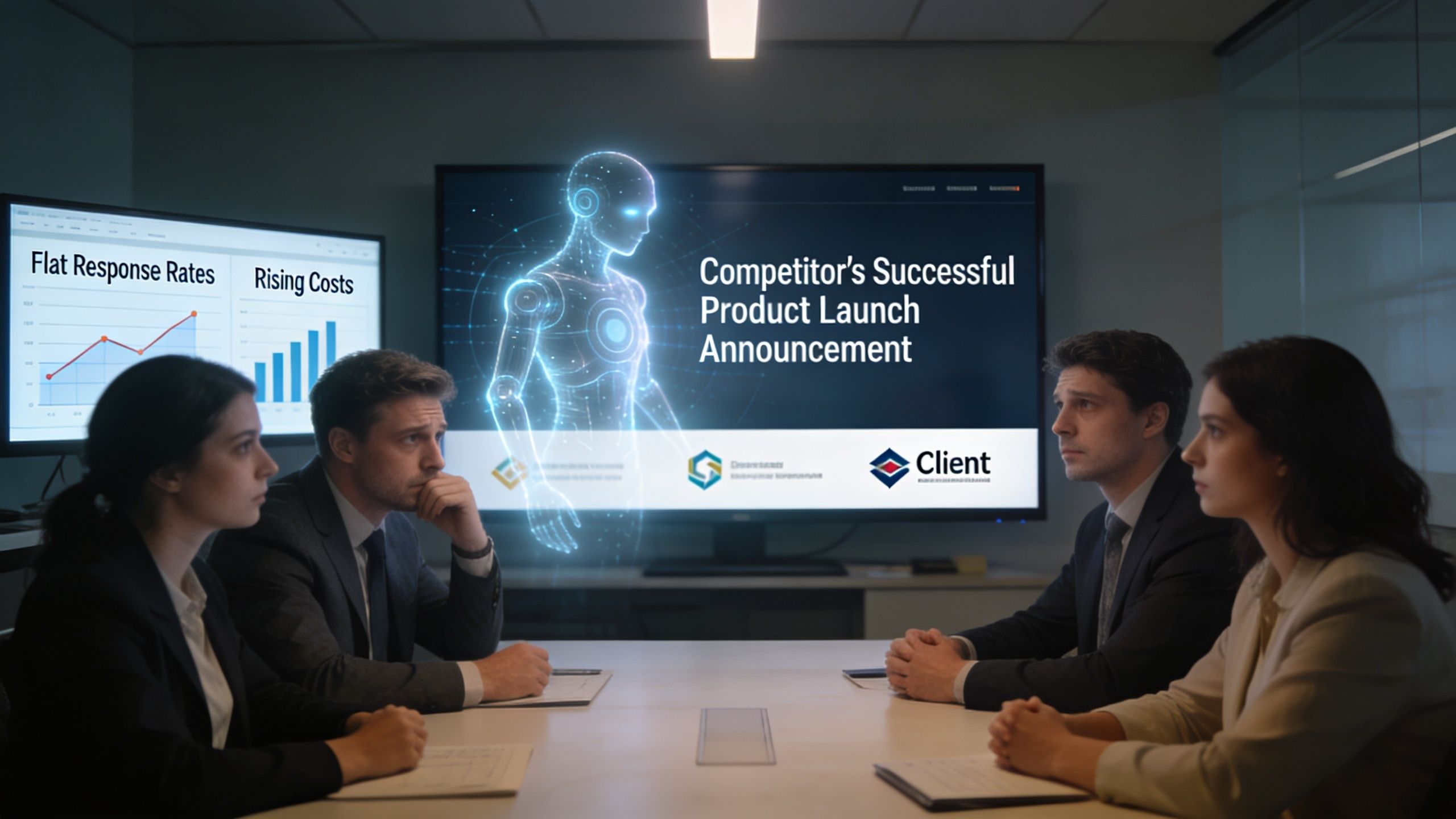 A professional business team having a meeting while looking at an AI hologram in a boardroom.