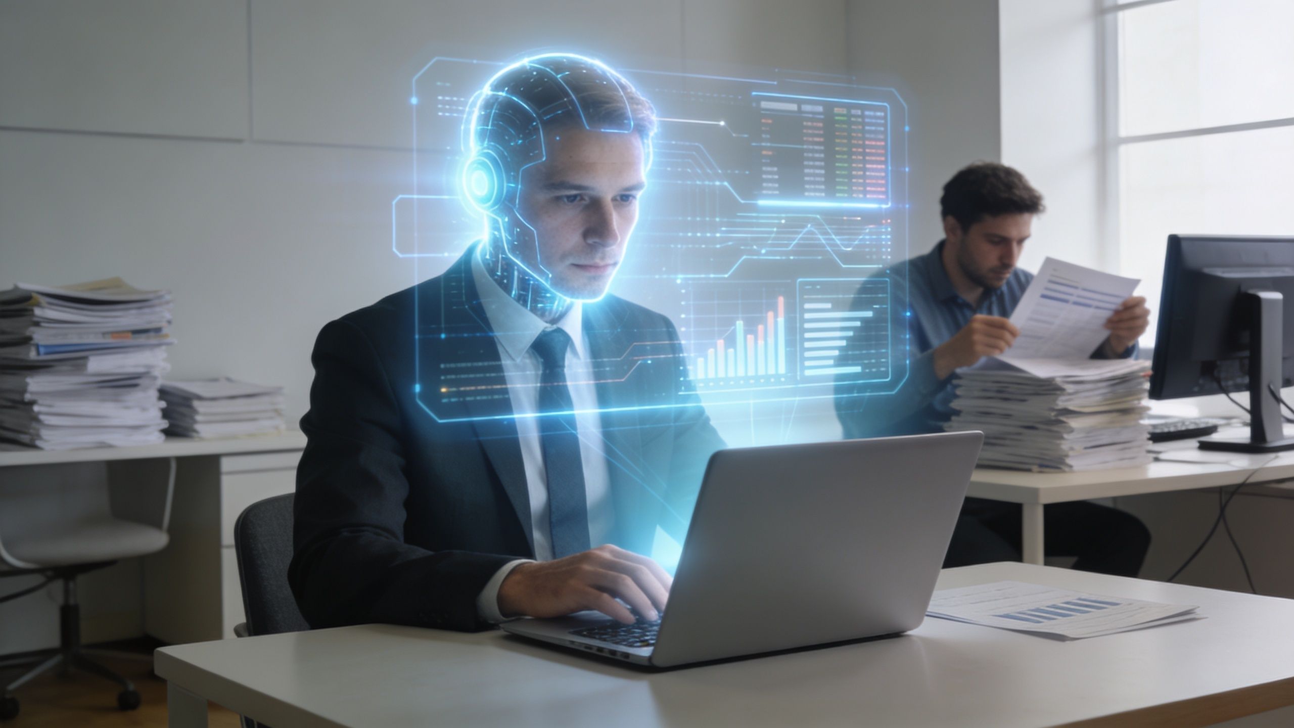 A professional businessman working on his laptop while using an advanced artificial intelligence data analysis digital interface.