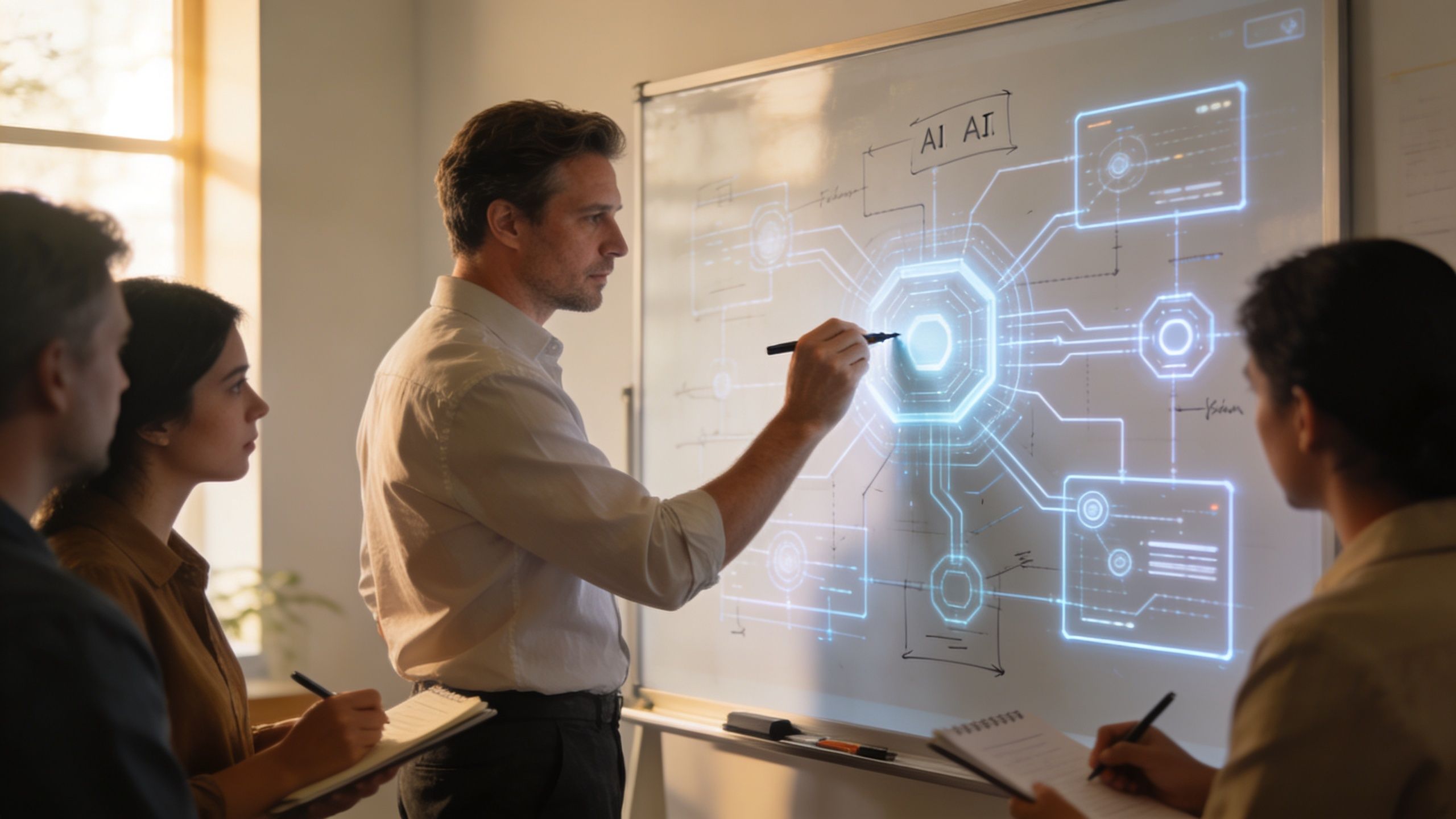 A professional man explaining an AI architecture diagram on a digital whiteboard to his attentive team.